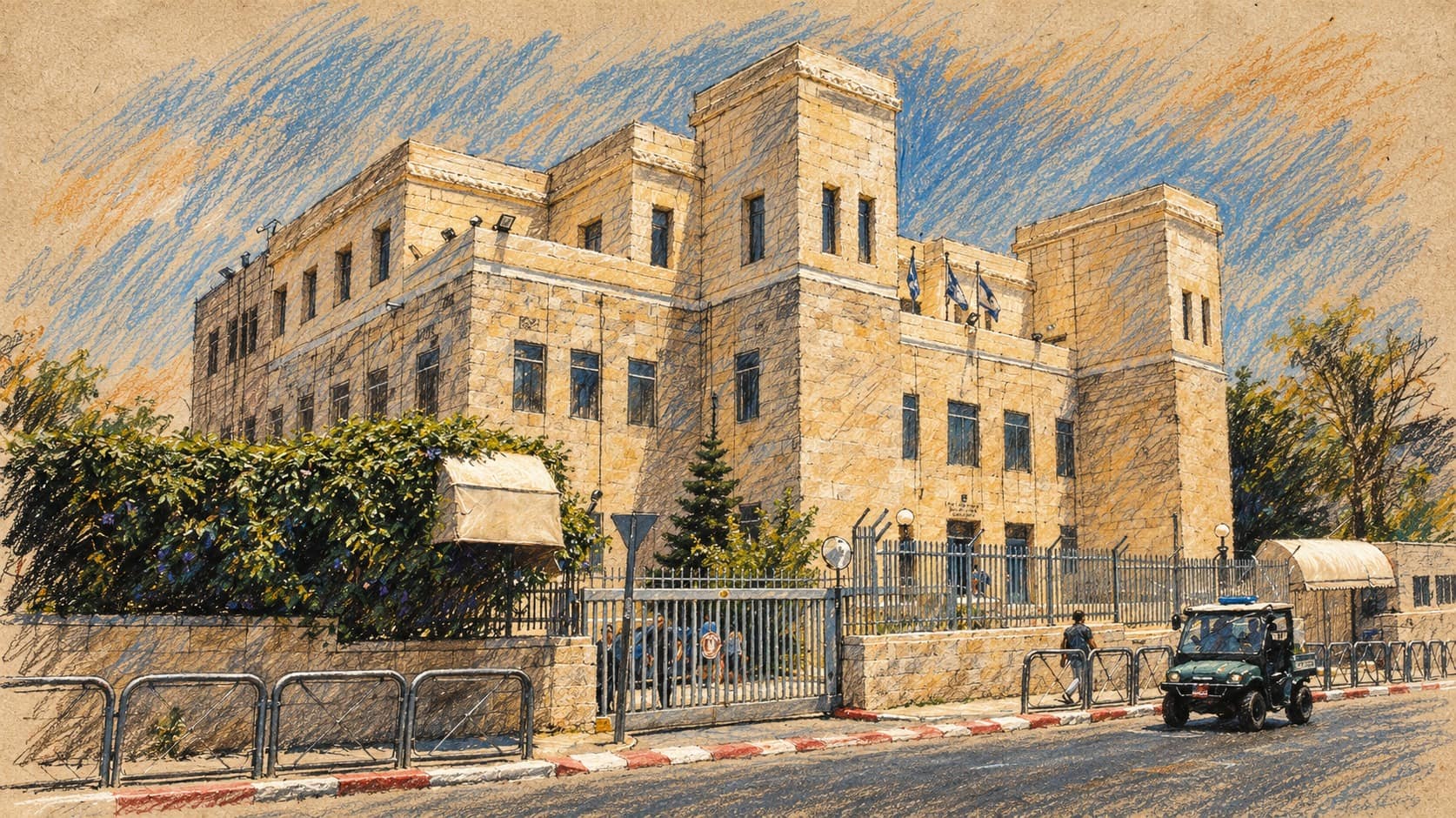 Courtroom-sketch editorial illustration of an archival May 2007 exterior view of Jerusalem District Court on Saladin Street, providing courthouse context for the case