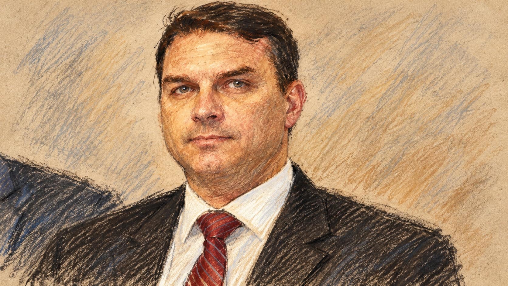 Courtroom-sketch editorial illustration of an archival 2018 portrait of Flávio Bolsonaro in a dark suit and red tie, rendered in warm ochre and slate-blue pastel strokes; contextual portrait, not the 2026 debate.