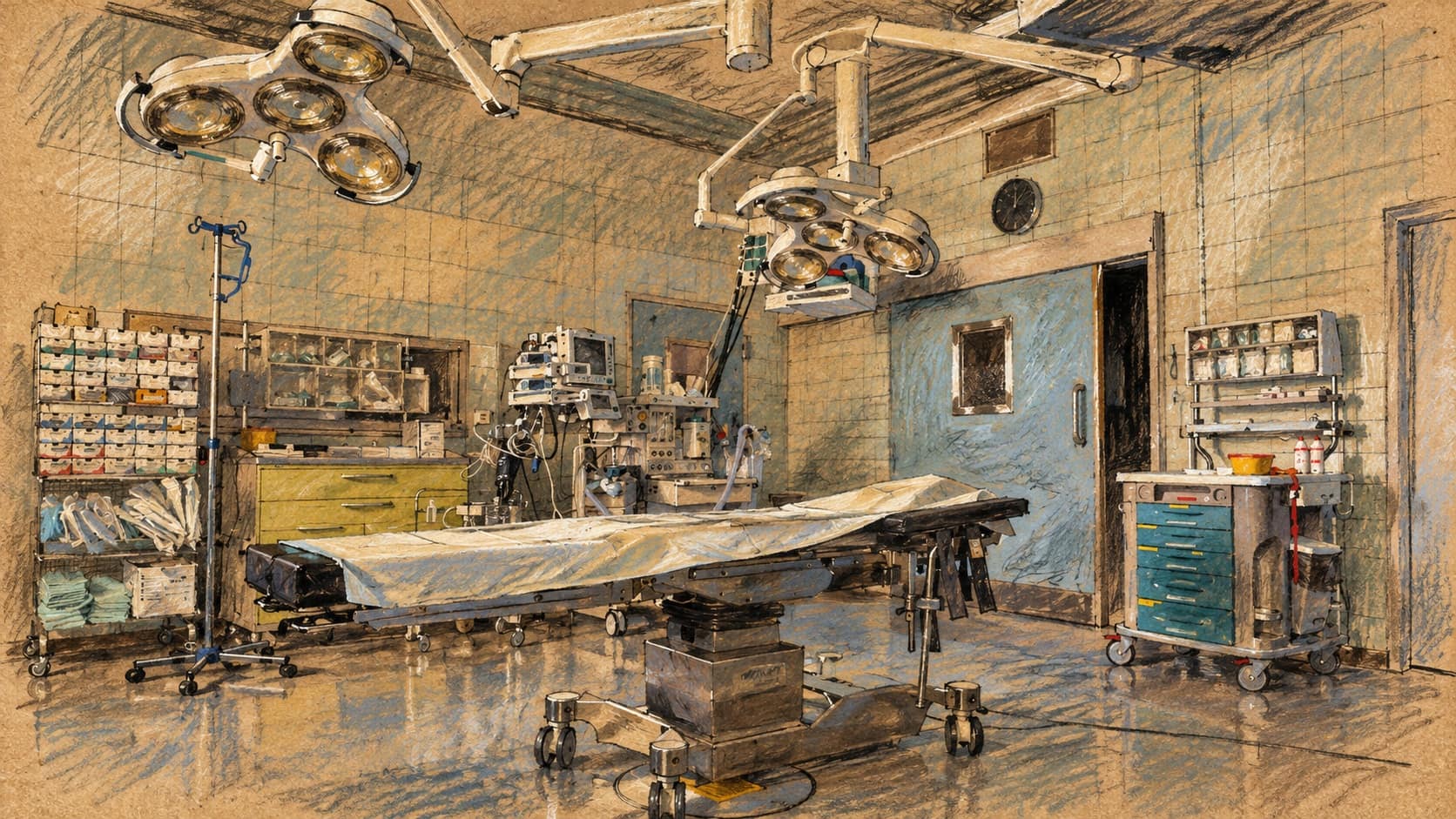 Courtroom-sketch editorial illustration of an empty operating room with surgical table, overhead lights and equipment, based on a 2017 German reference photograph; general clinical context, not Medica Tel Aviv or the reported events.
