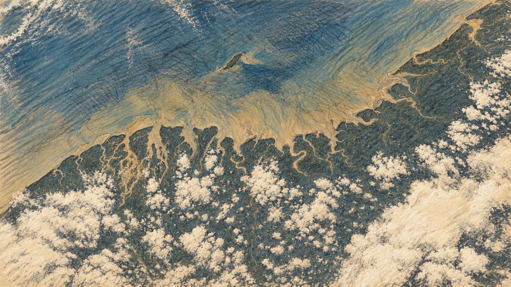Courtroom-sketch editorial illustration of an archival 2003 orbital view of Colombia's Pacific coastline and the Iscuandé River delta, rendered in warm ochre and slate-blue pastel strokes; geographic context, not the mine collapse.