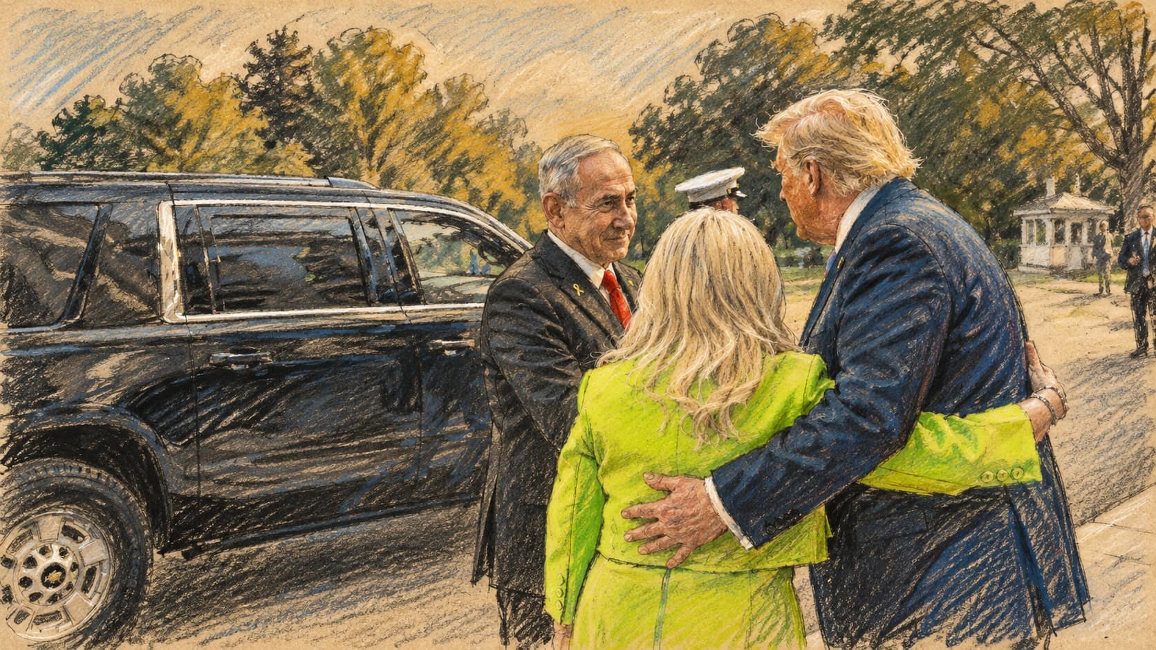 Courtroom-sketch editorial illustration of Donald Trump greeting Benjamin and Sara Netanyahu beside a black vehicle at the White House in July 2025; archival context for their relationship, not the newly released phone call.
