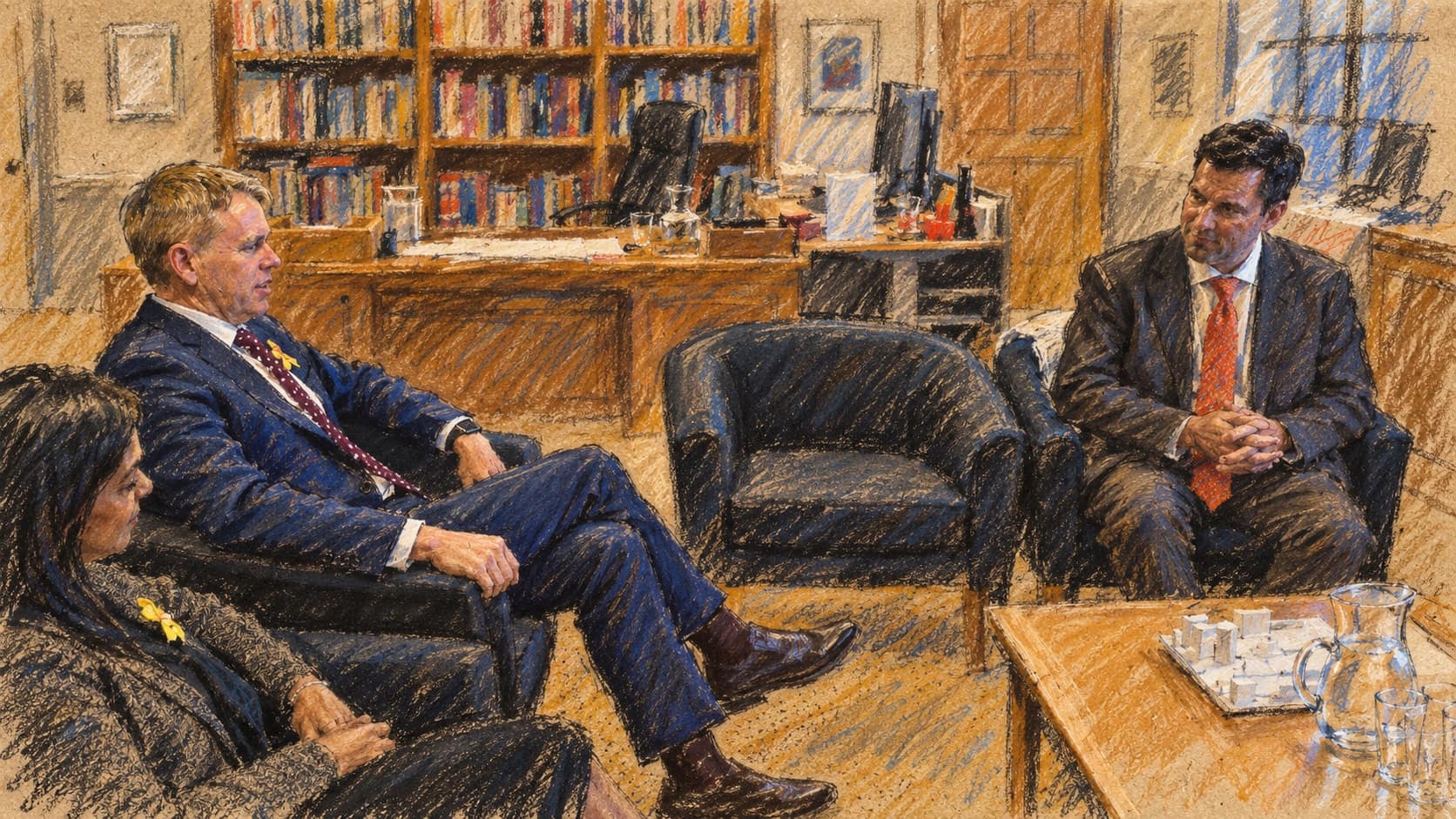 Courtroom-sketch editorial illustration of an archival August 2026 office meeting, with Chris Hipkins seated at left facing Jared Novelly at right, a woman partly visible in the foreground and bookshelves behind them, rendered in warm ochre and slate-blue pastel strokes; contextual view of Hipkins, not the October hospital-policy announcement.