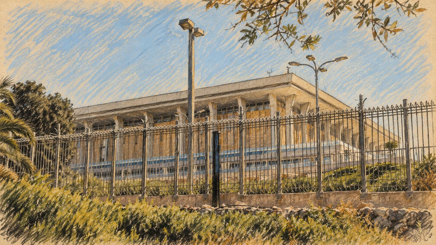 Courtroom-sketch editorial illustration of an archival Knesset exterior behind its perimeter fence, shown as institutional context