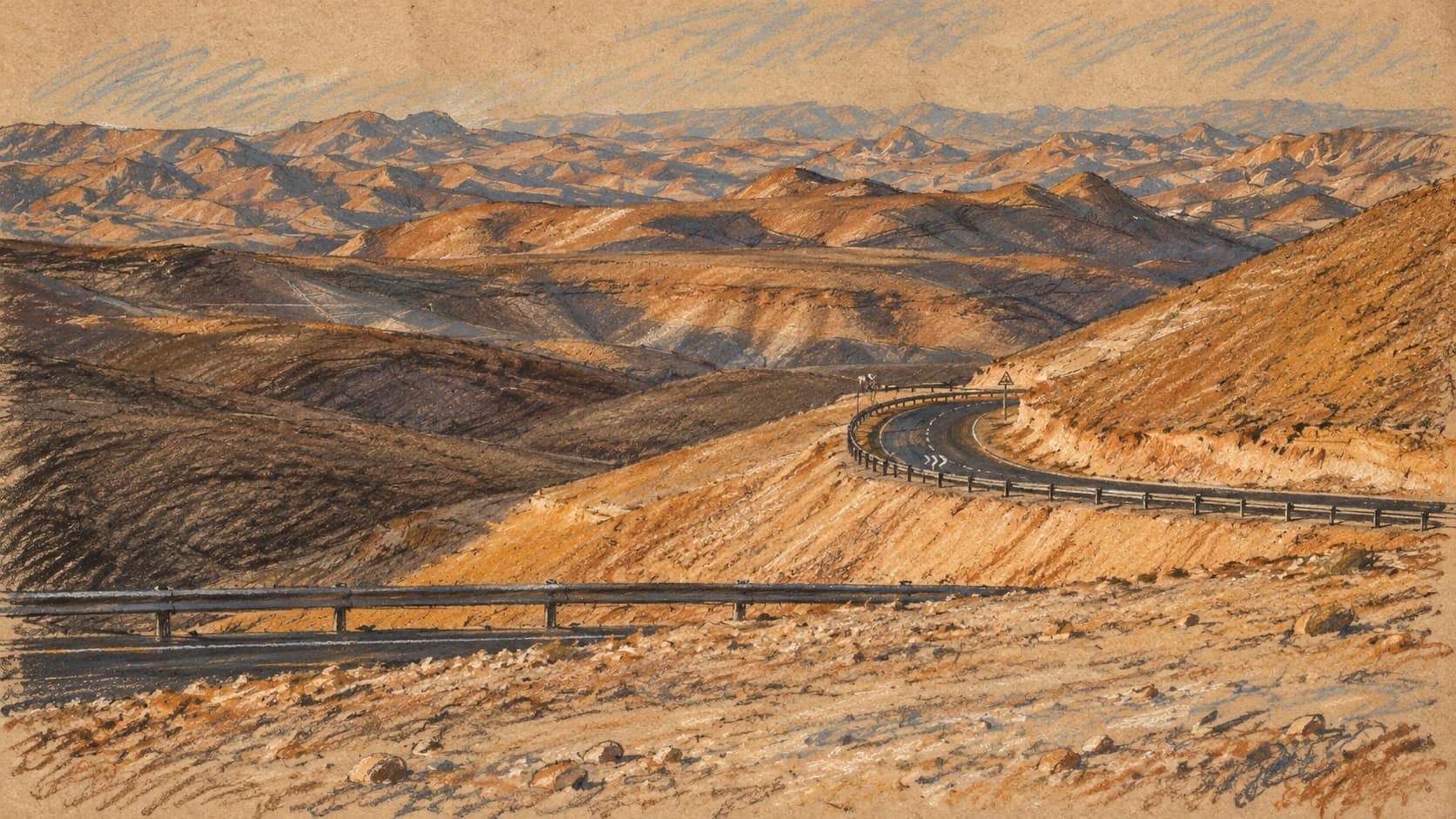 Courtroom-sketch editorial illustration of an archival winding road through arid Negev hills, with metal guardrails and desert ridges; regional context, not the announced traffic-enforcement operation.
