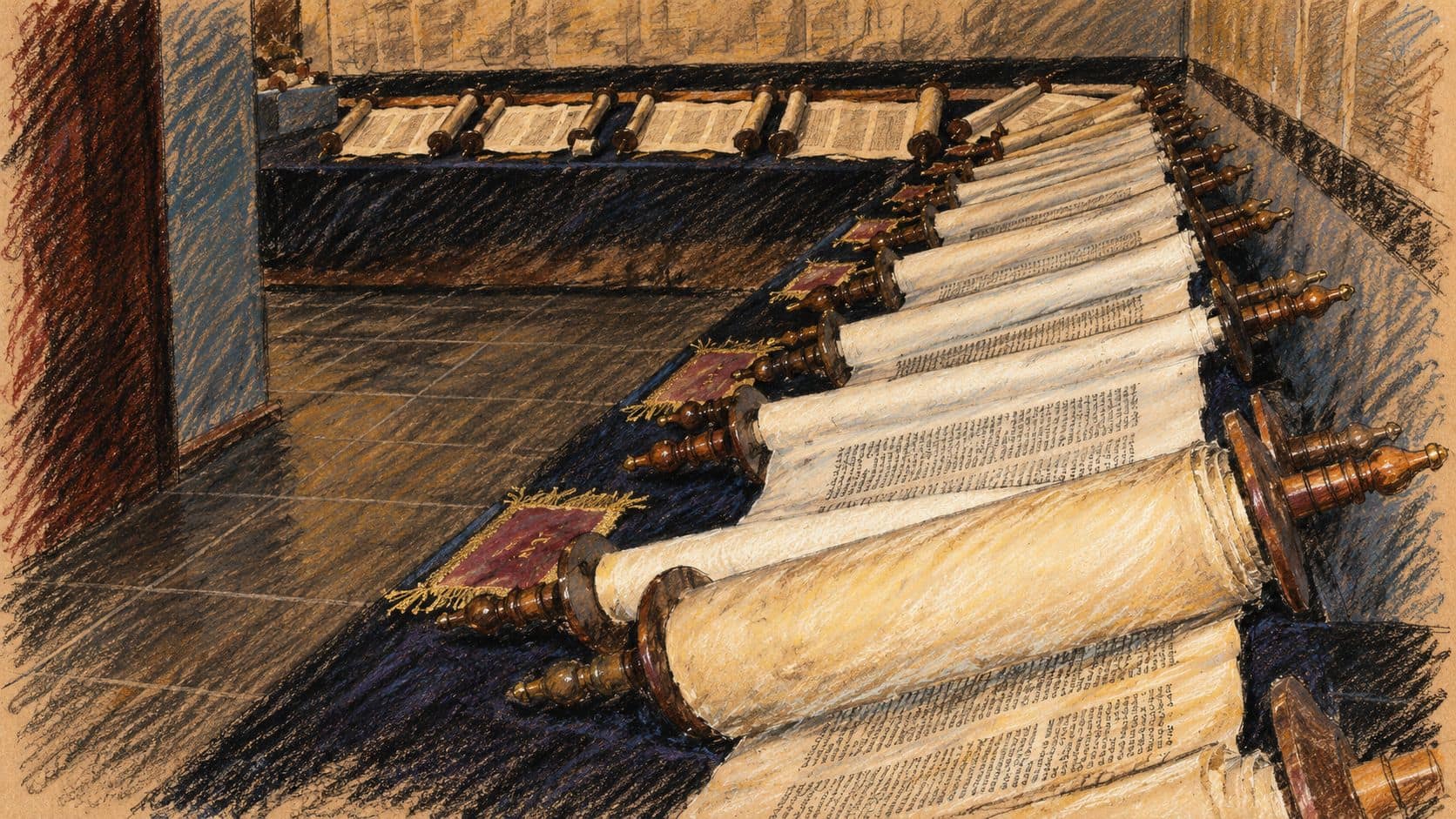 Courtroom-sketch editorial illustration of an archival display of unrolled Tanakh scrolls, shown as religious-service context for the military rabbinical appointments