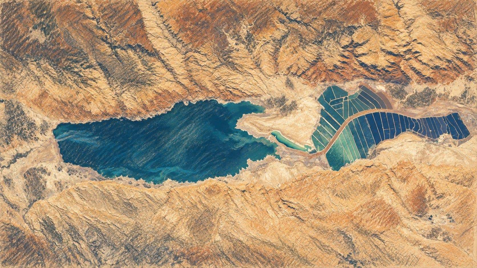 Courtroom-sketch editorial illustration of an archival March 2020 overhead view of the Dead Sea and southern evaporation ponds amid desert ridges; geographic context for the Ein Bokek hotel area, not the proposed mikveh.