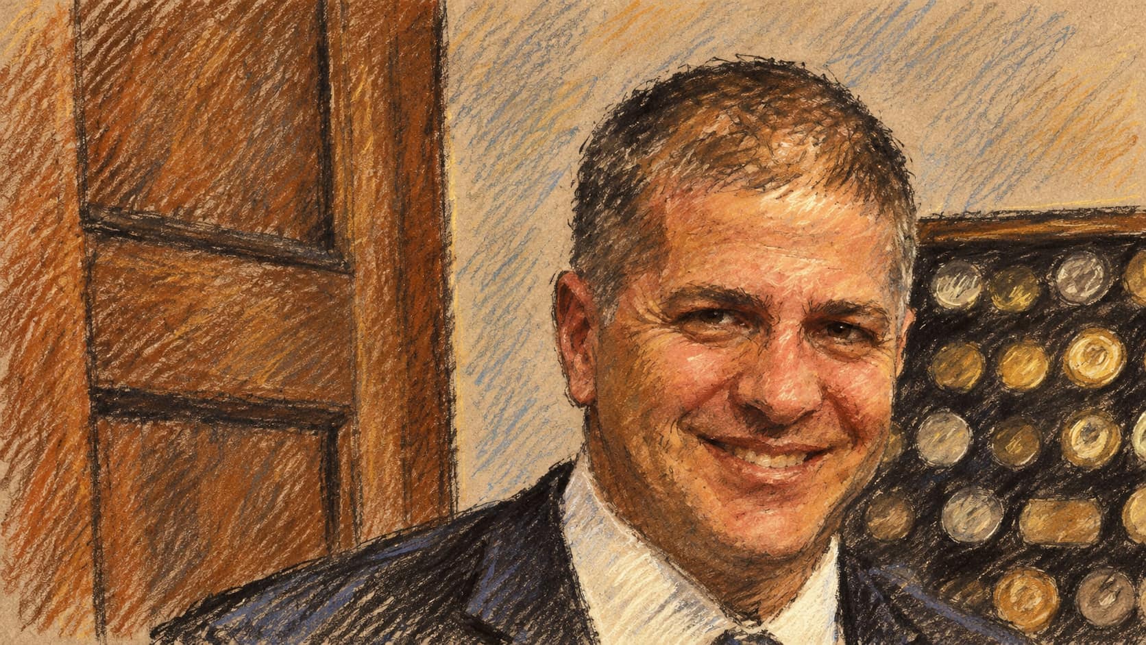Courtroom-sketch editorial illustration of Yoav Kisch in an archival 2017 portrait in a congressional office.