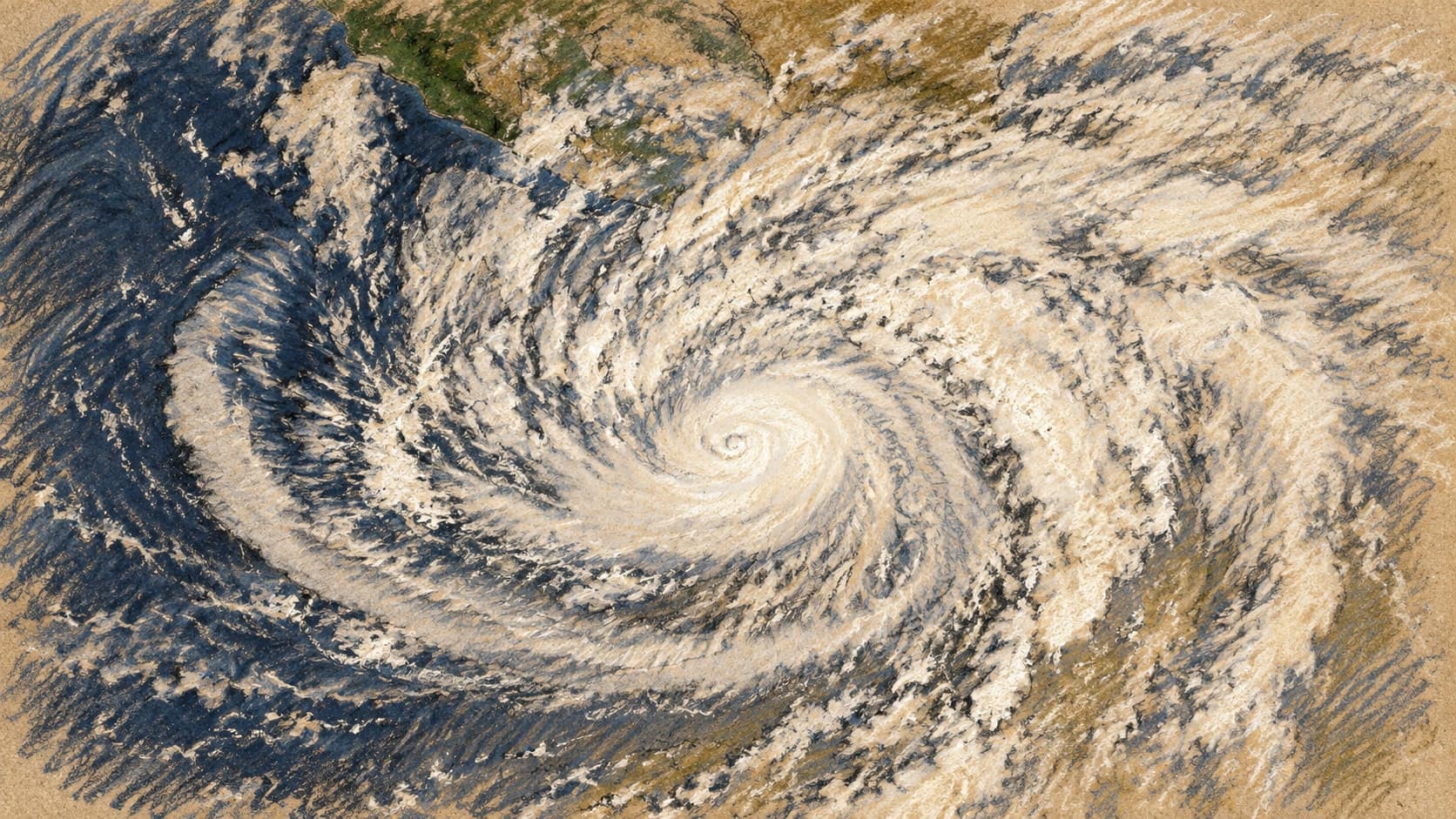 Courtroom-sketch editorial illustration of an archival October 16, 2026 satellite view of Hurricane Trudy swirling over the Pacific beside Mexico, provided as storm context rather than a depiction of October 19 conditions, rendered in warm ochre and slate-blue pastel strokes.
