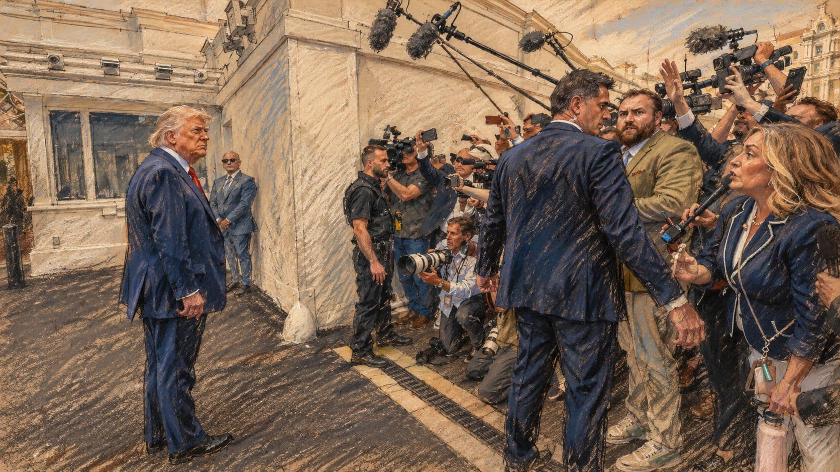 Courtroom-sketch editorial illustration of Donald Trump speaking with reporters outside the White House in an archival April 2025 scene, used as context for his statement about Russia and Iran