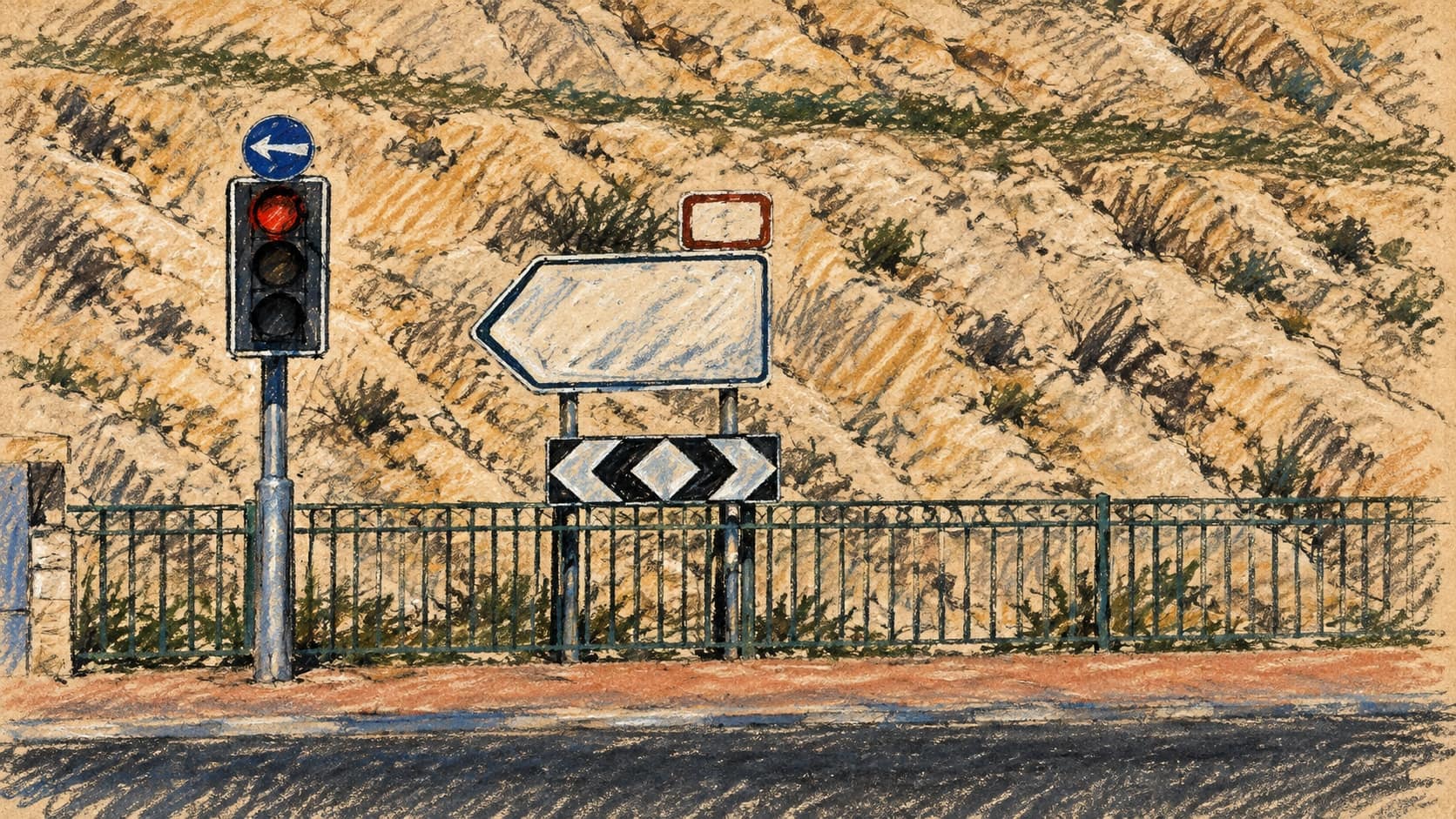Courtroom-sketch editorial illustration of archival Highway 1 Jerusalem road signage beside a traffic light and rocky slope, used as context for the Latrun arrests