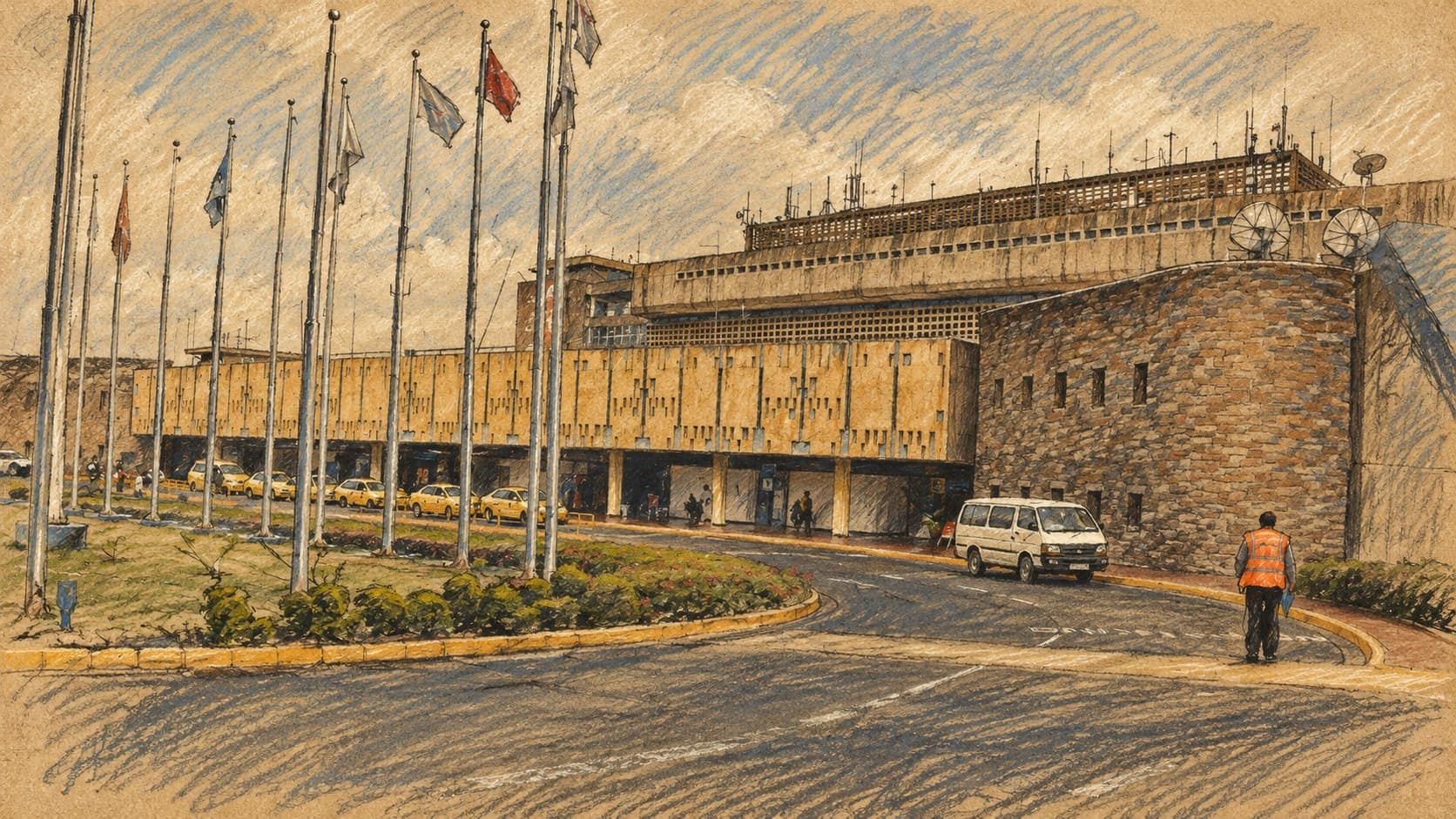 Courtroom-sketch editorial illustration of an archival 2010 view of Nairobi airport arrivals terminal, flagpoles and curbside traffic, rendered in warm ochre and slate-blue pastel strokes.