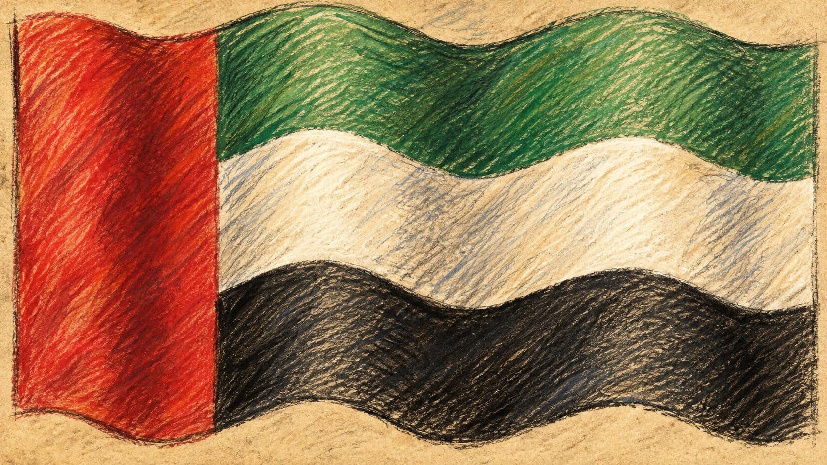 Courtroom-sketch editorial illustration of the United Arab Emirates national flag, used as context for its foreign ministry statement.