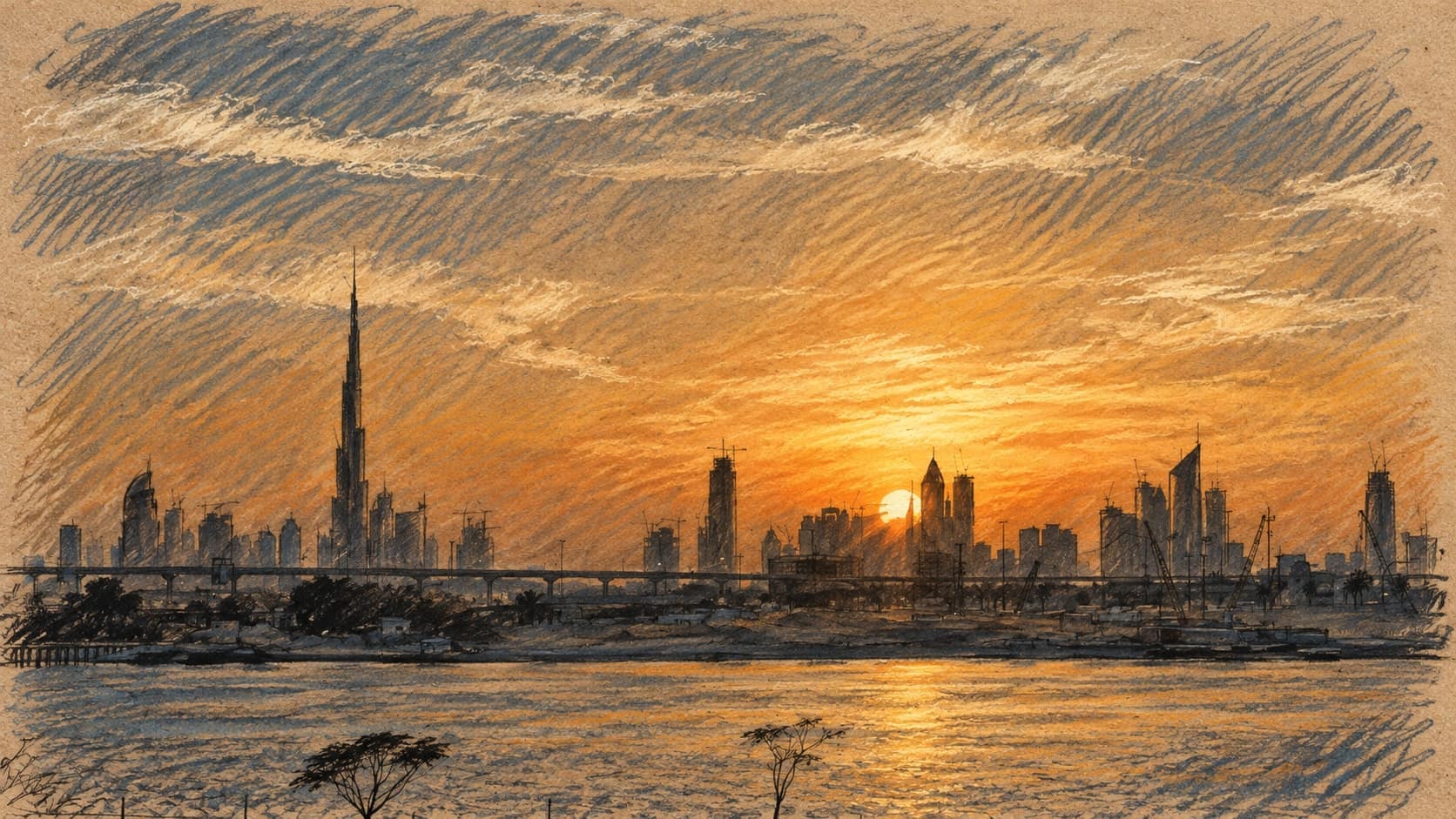 Courtroom-sketch editorial illustration of an archival February 2009 Dubai skyline across water at sunset, with the slender Burj Khalifa at left and business towers silhouetted beneath clouds, rendered in warm ochre and slate-blue pastel strokes; contextual UAE economy view, not a depiction of the October 2026 announcement.