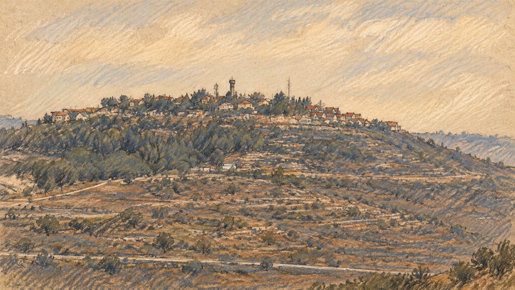 Courtroom-sketch editorial illustration of an archival September 2026 view of Maale Levona from Mitzpe Shiloh, with terraced hills and hilltop buildings; regional context for the reported incident near Sinjil