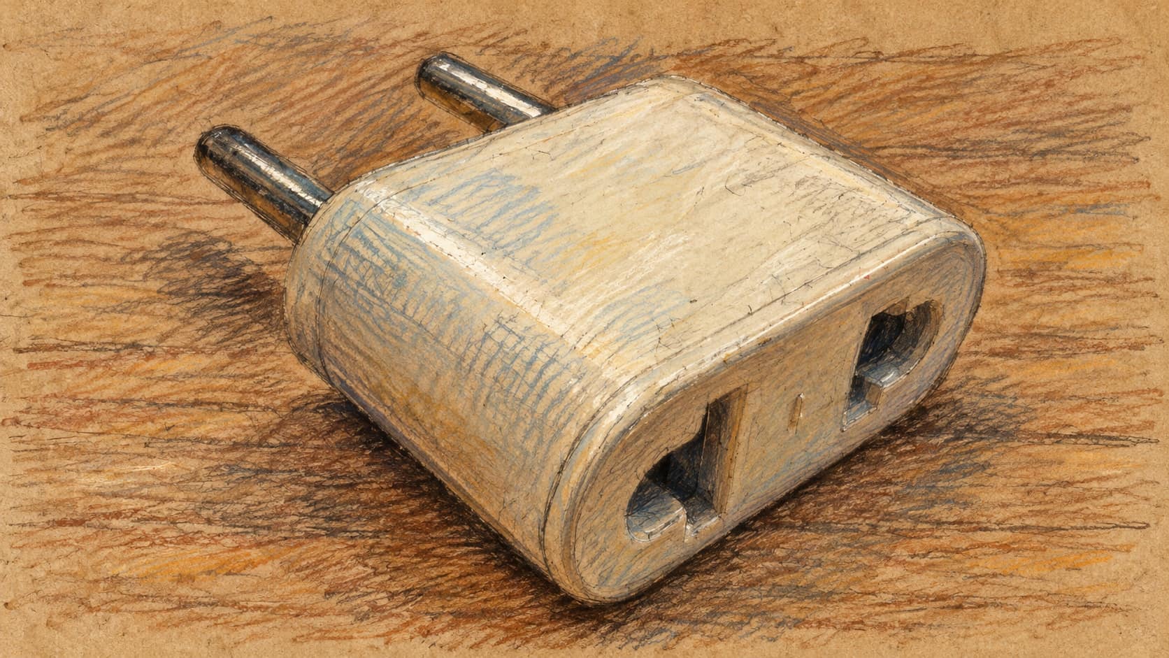 Courtroom-sketch editorial illustration of a generic two-pin USA-to-Europe travel adapter on a wooden tabletop; contextual object, not the recalled 931L model.