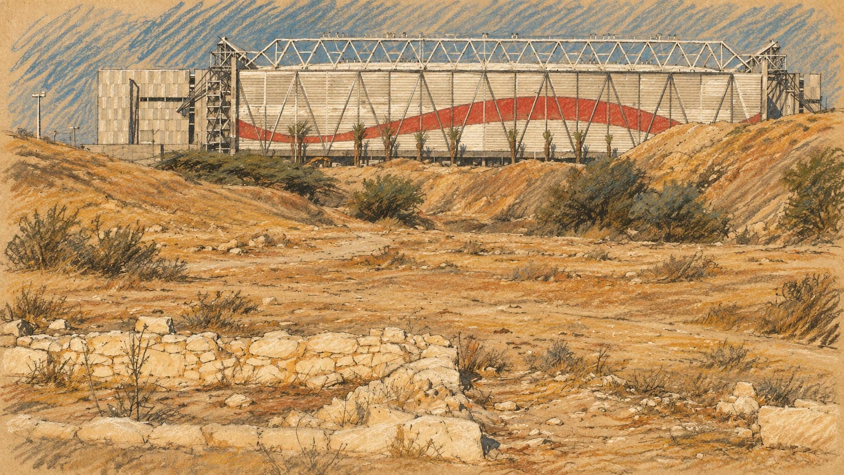 Courtroom-sketch editorial illustration of the exterior of Toto Turner Stadium beyond dry ground and ancient stone remains in Beersheba, based on an archival 2015 photograph