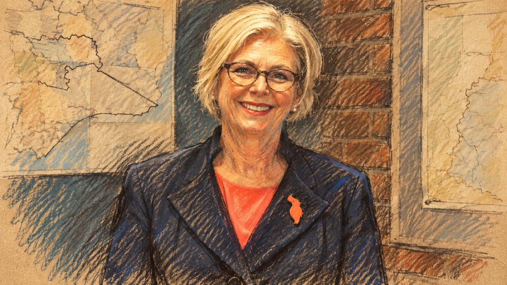Courtroom-sketch editorial illustration of an archival June 2022 portrait of Helen Haines smiling in glasses and a dark blazer, with office maps and brickwork behind her, rendered in warm ochre and slate-blue pastel strokes. Contextual portrait, not the October 2026 attack or forthcoming safety briefing.