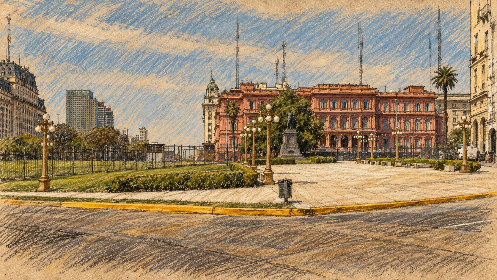 Courtroom-sketch editorial illustration of an archival October 2025 view of the Casa Rosada presidential office building across its landscaped plaza, street and lamps in Buenos Aires, rendered in warm ochre and slate-blue pastel strokes; institutional context, not a depiction of the October 2026 decree.
