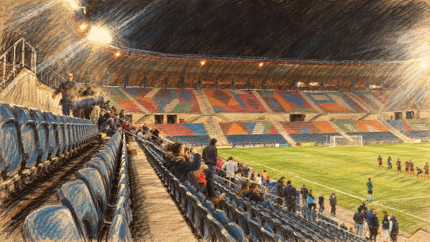 Courtroom-sketch editorial illustration of an archival nighttime view of Teddy Stadium in Jerusalem, with spectator seating and the football pitch