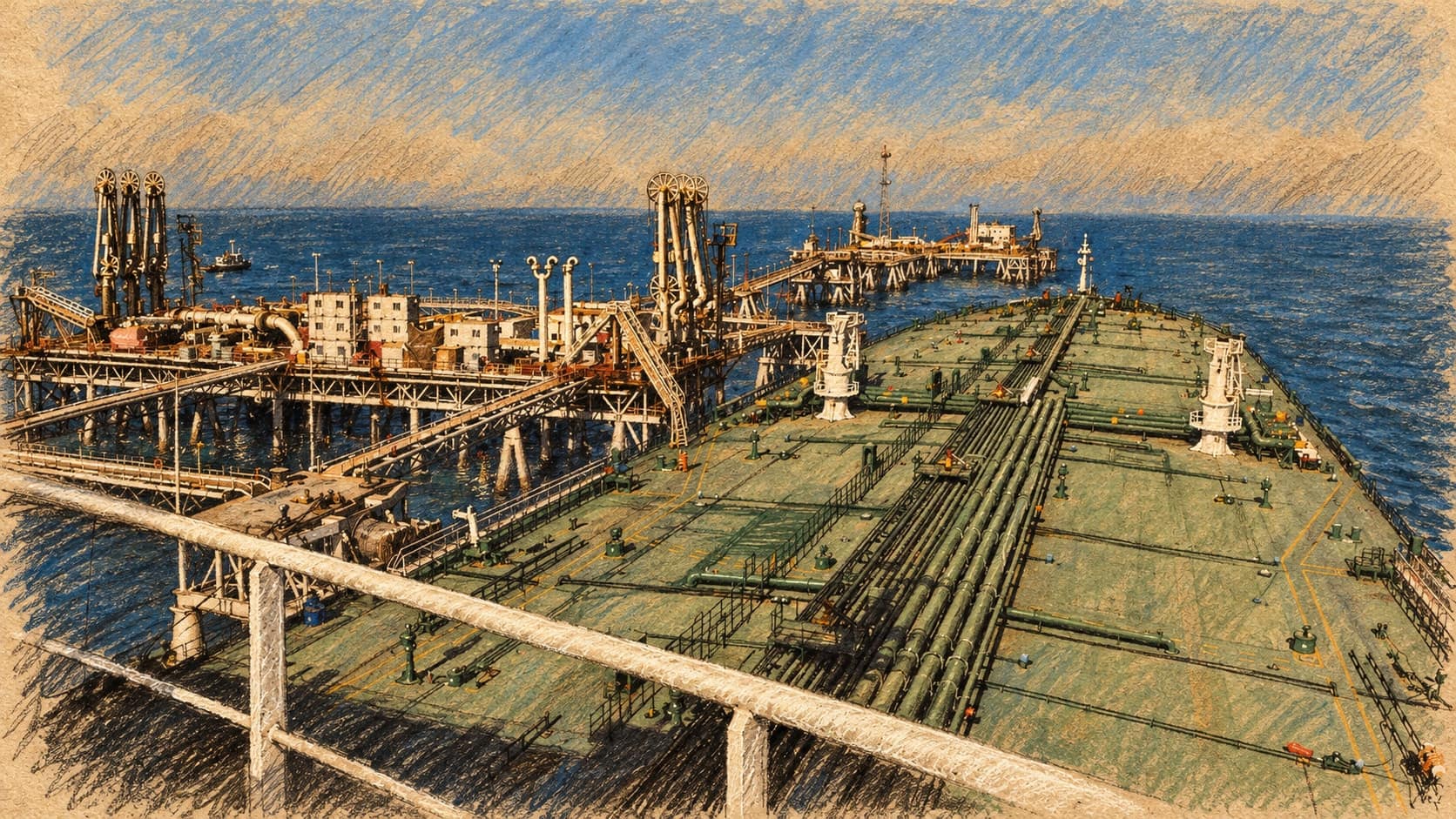 Courtroom-sketch editorial illustration of an archival November 2005 view across the deck and pipes of an oil tanker loading crude beside Al Basrah Oil Terminal in the Persian Gulf, rendered in warm ochre and slate-blue pastel strokes; contextual shipping scene, not the October 2026 market report.
