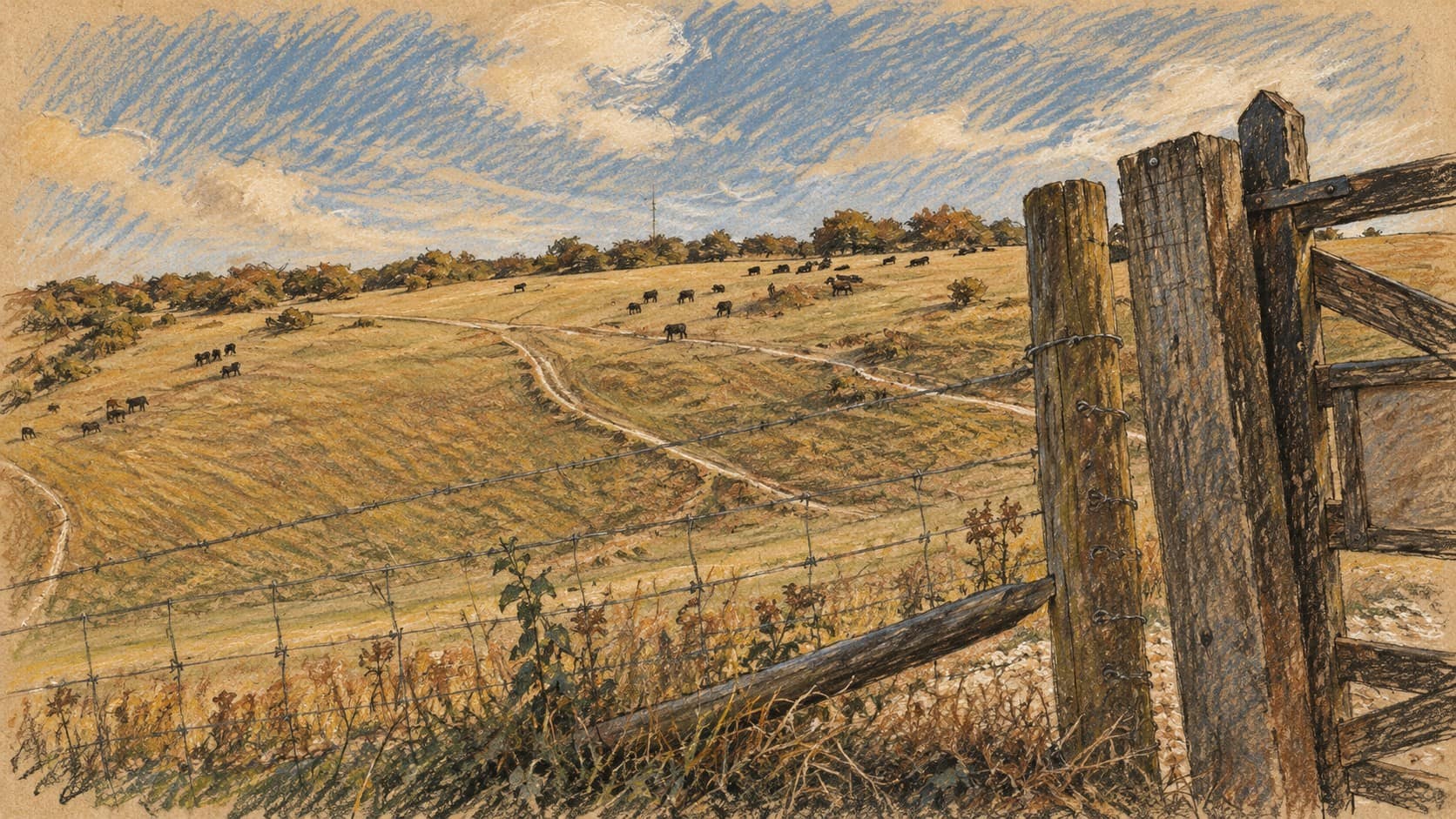 Courtroom-sketch editorial illustration of cattle grazing behind a wooden gate on an English hillside, based on an archival August 2025 photograph; contextual livestock imagery.