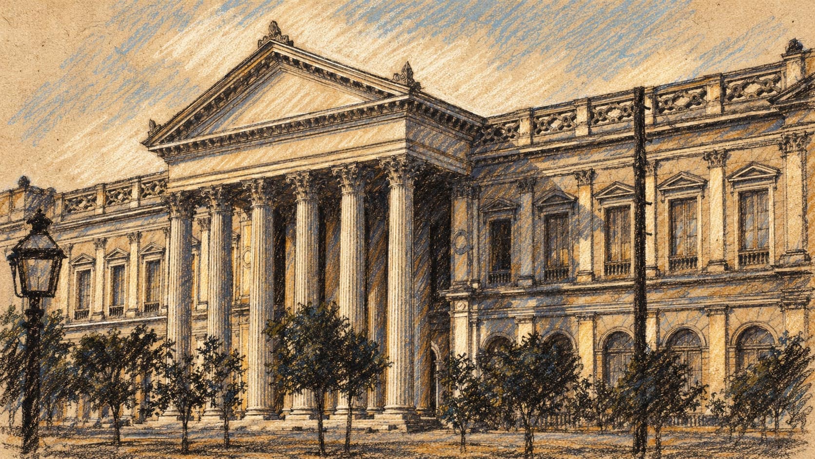Courtroom-sketch editorial illustration of Chile’s former National Congress building in Santiago, with a columned portico, trees and a street lamp, rendered in warm ochre and slate-blue pastel strokes. Archival architectural context based on an image published in 1895; it does not depict the October 2026 vote or the current Senate chamber in Valparaíso.