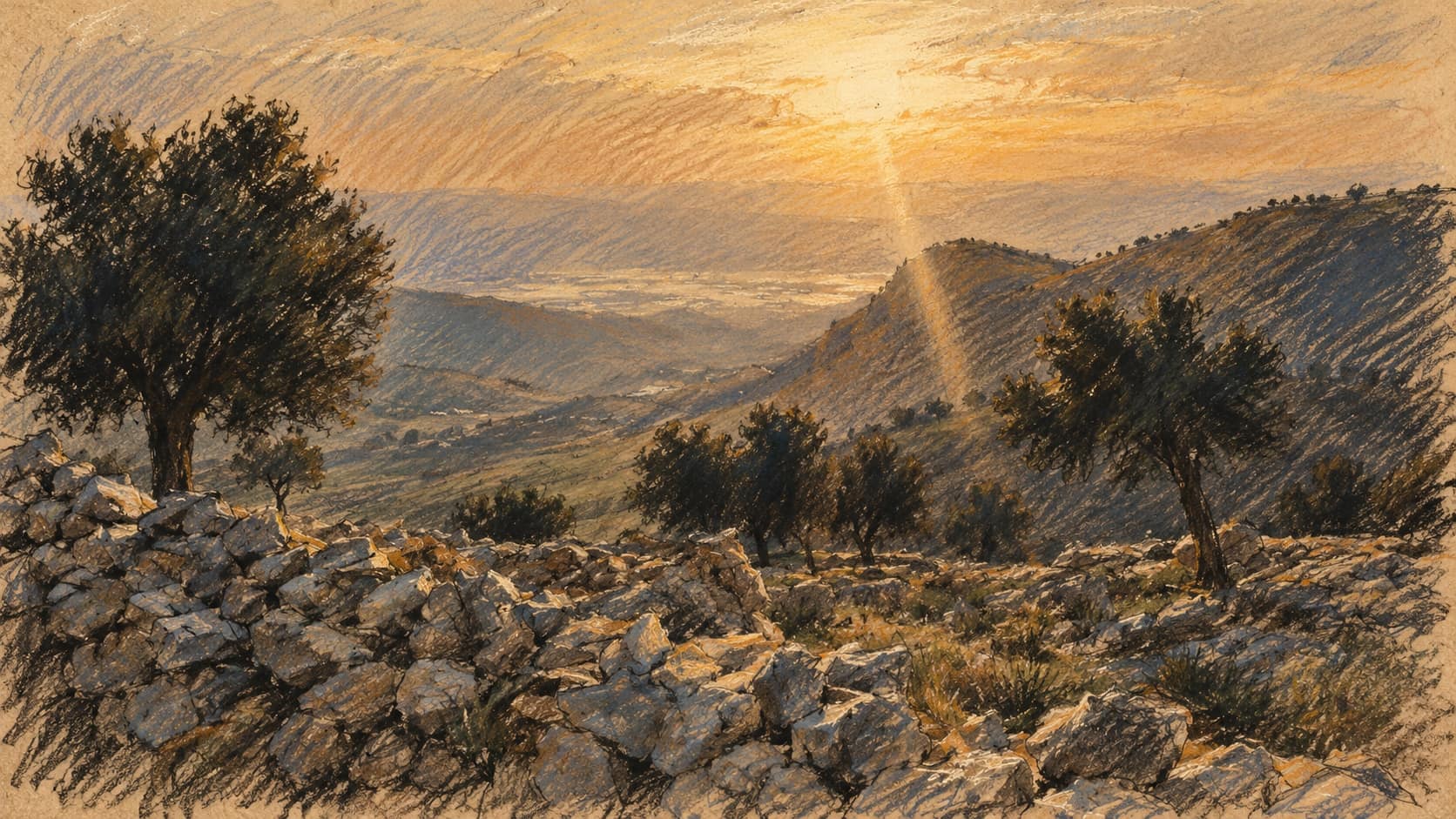 Courtroom-sketch editorial illustration of an archival view of the Jordan Valley from Safina, Jordan, with rocky ground, trees and ridges at sunset, providing geographic context for the brigade command selection