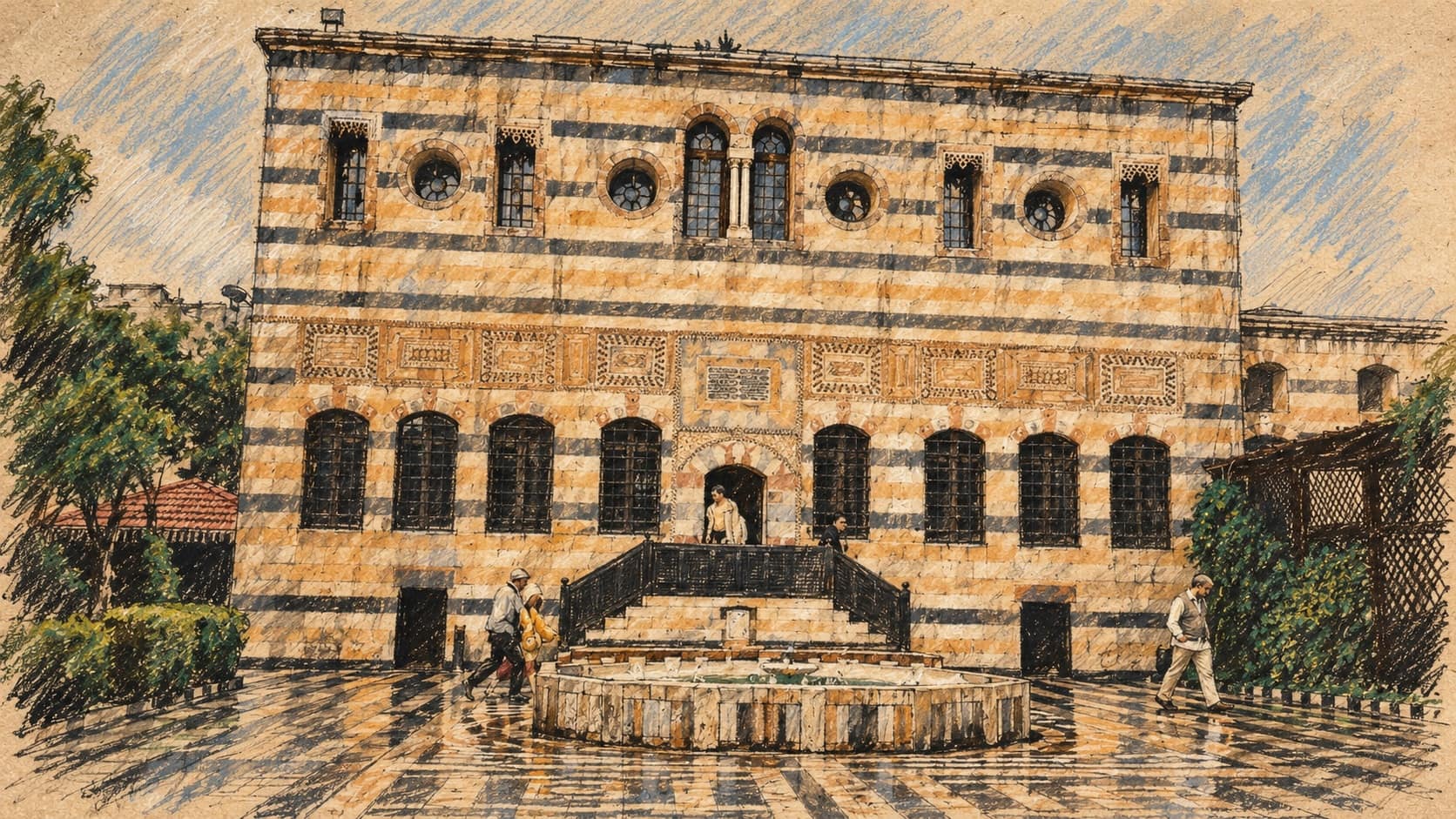 Courtroom-sketch editorial illustration of an archival view of the historic Azem Palace facade and courtyard fountain in Damascus, providing geographic context for the report