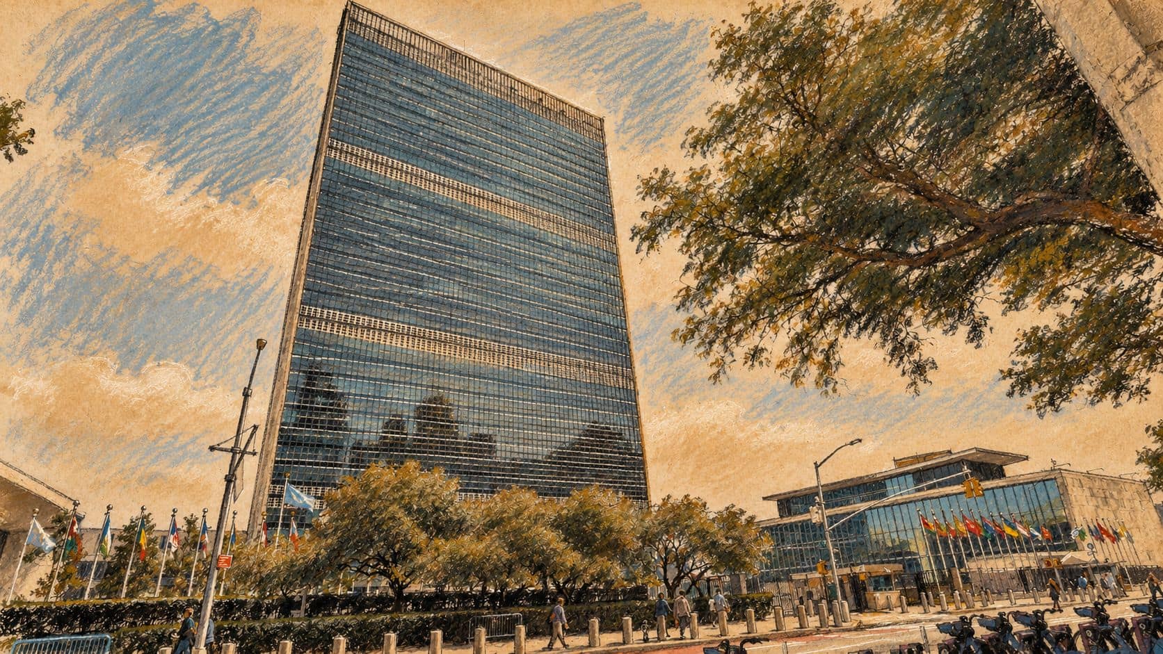 Courtroom-sketch editorial illustration of the United Nations Secretariat tower in New York with national flags and a tree in the foreground, based on an archival June 2023 exterior photograph.