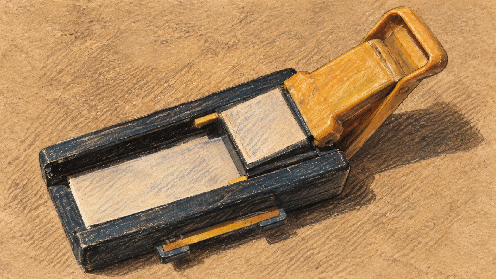 Courtroom-sketch editorial illustration of an archival mechanical credit-card imprinter with a yellow handle and payment slip, used as context for the payment-card industry.