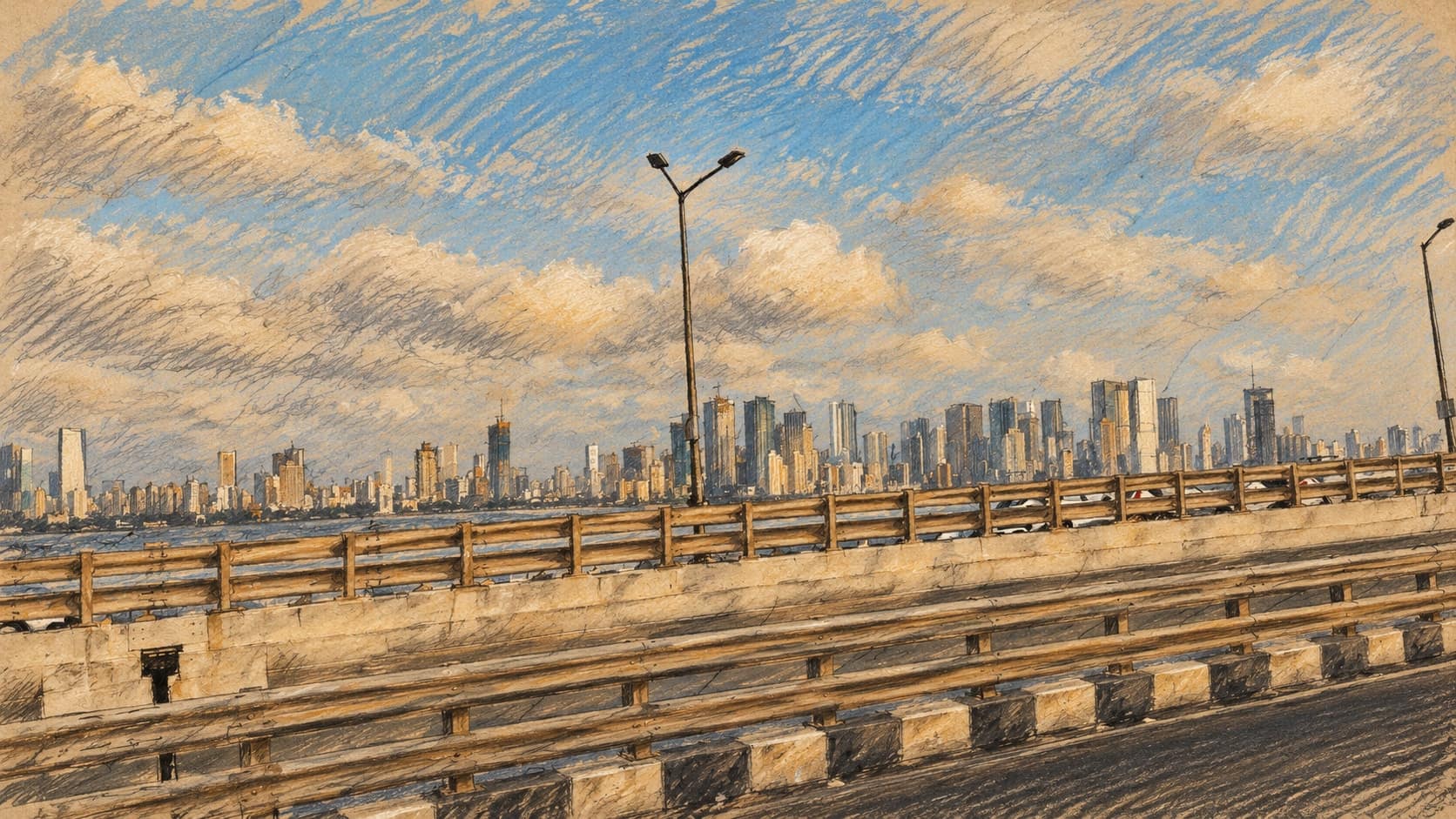 Courtroom-sketch editorial illustration of the Mumbai skyline beyond the sea-link road barriers and streetlights in an archival August 2025 view; city context, not a depiction of the shooting or arrests, rendered in warm ochre and slate-blue pastel strokes.
