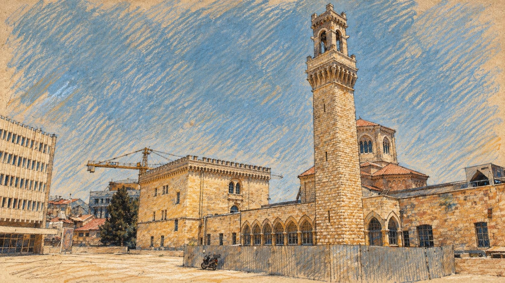 Courtroom-sketch editorial illustration of the former Italian Hospital building used by Israel’s Education Ministry in Jerusalem, with its stone tower and empty courtyard; based on an archival 2007 photograph for institutional context.