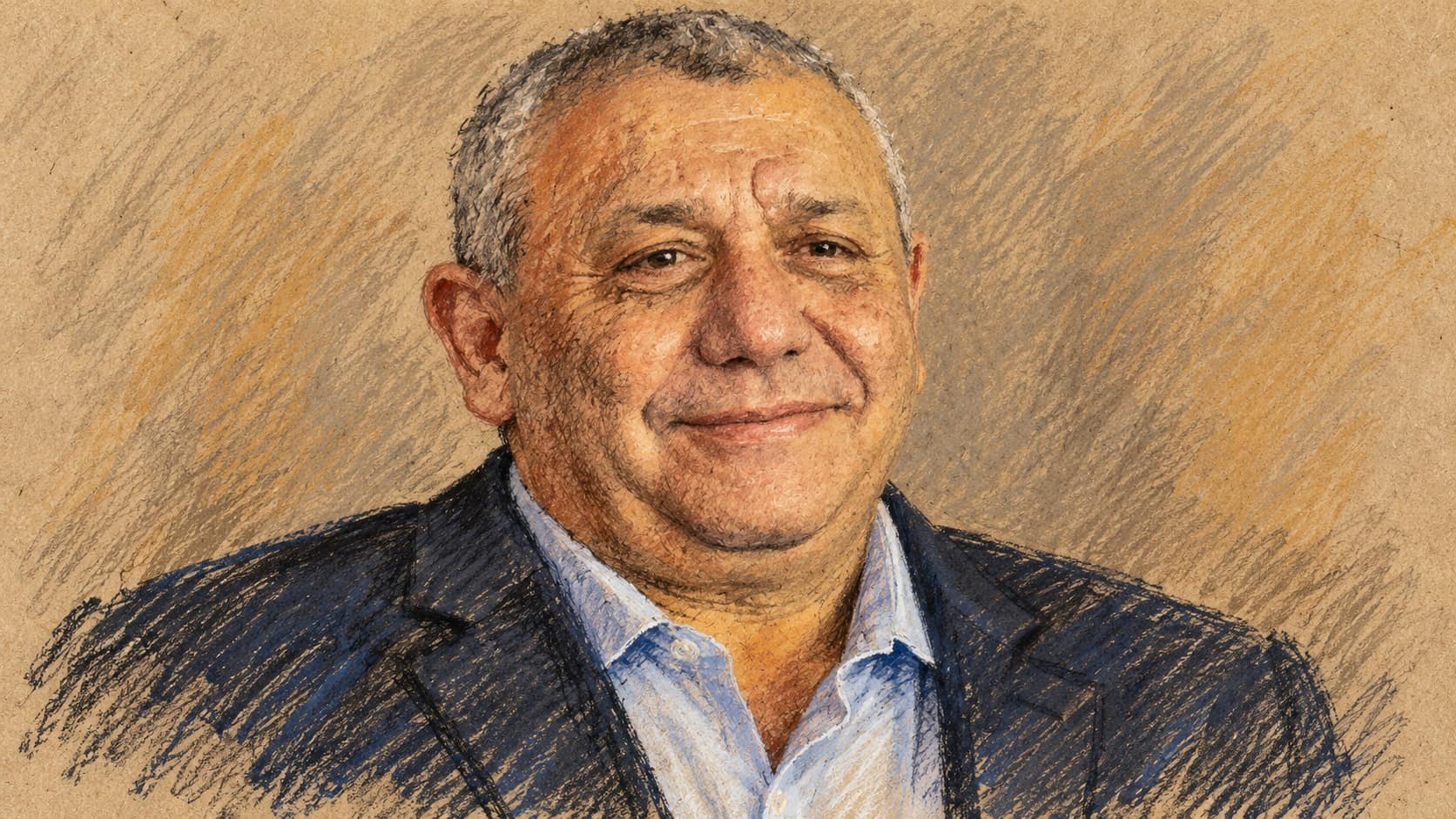 Courtroom-sketch editorial illustration of an archival February 2024 portrait of Gadi Eisenkot in a dark jacket and open pale blue shirt; contextual portrait, not the October 2026 campaign post