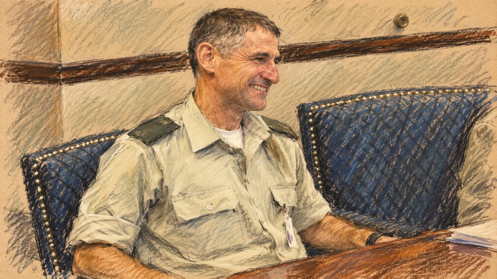 Courtroom-sketch editorial illustration of Yair Golan seated at a conference table in an archival June 2009 portrait; contextual likeness, not the October 20, 2026 statement.