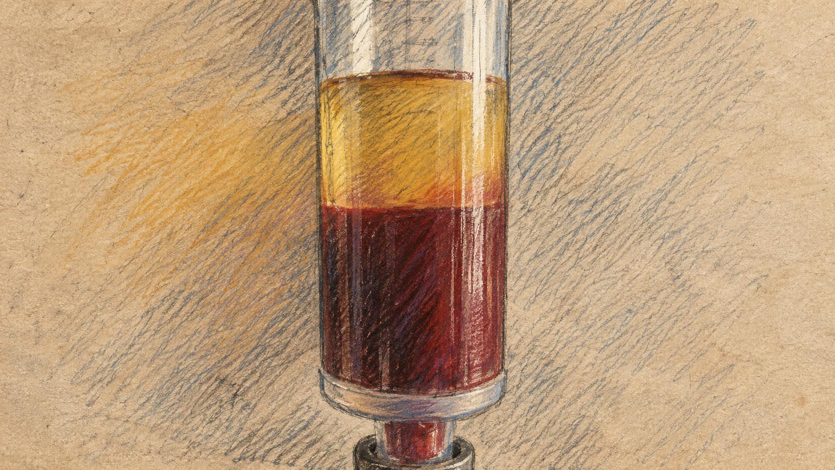 Courtroom-sketch editorial illustration of an archival 2011 blood specimen with yellow plasma above dark red cells in a clear tube, rendered in warm ochre and slate-blue pastel strokes. Contextual laboratory image, not a depiction of the Canadian collection centres or their reopening.