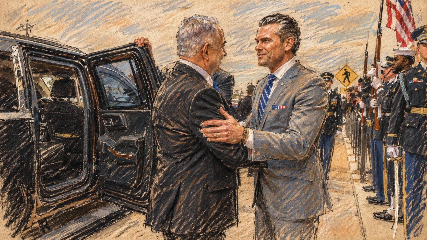 Courtroom-sketch editorial illustration of Benjamin Netanyahu and Pete Hegseth greeting beside a black vehicle during their archival February 5, 2025 Pentagon encounter; contextual imagery, not the reported October 19 Israel meeting.