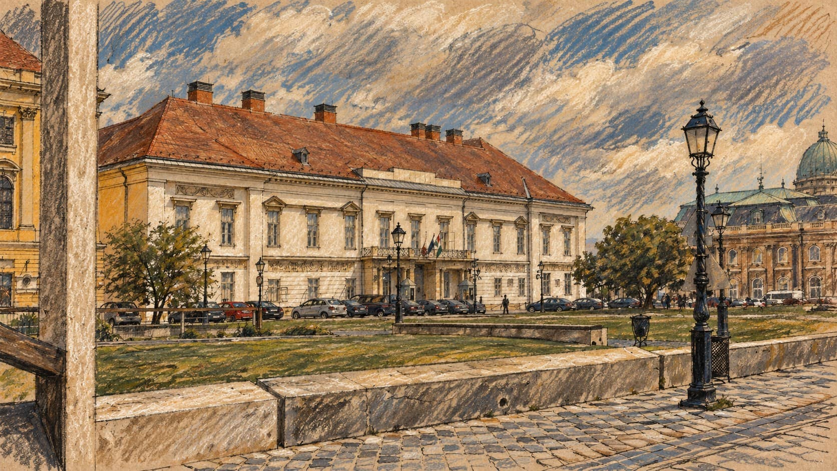 Courtroom-sketch editorial illustration of an archival exterior view of Sándor Palace in Budapest, the venue of the presidential talks