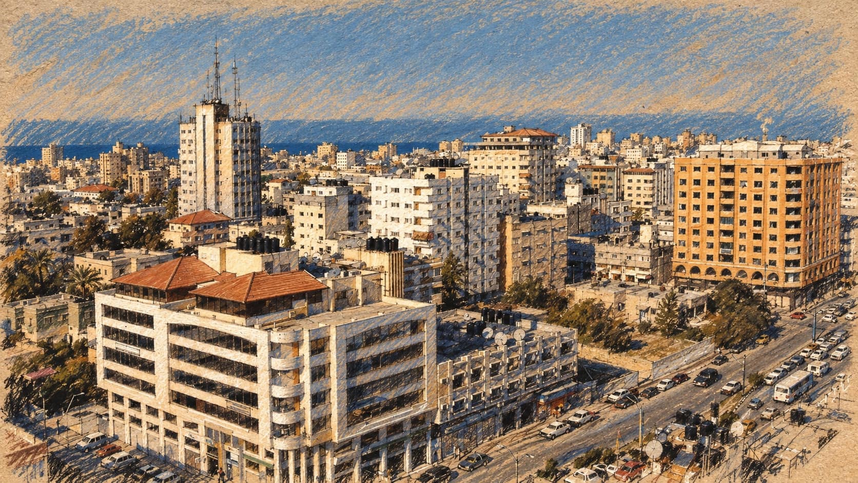 Courtroom-sketch editorial illustration of an archival 2007 Gaza City panorama with midrise buildings and the Mediterranean horizon
