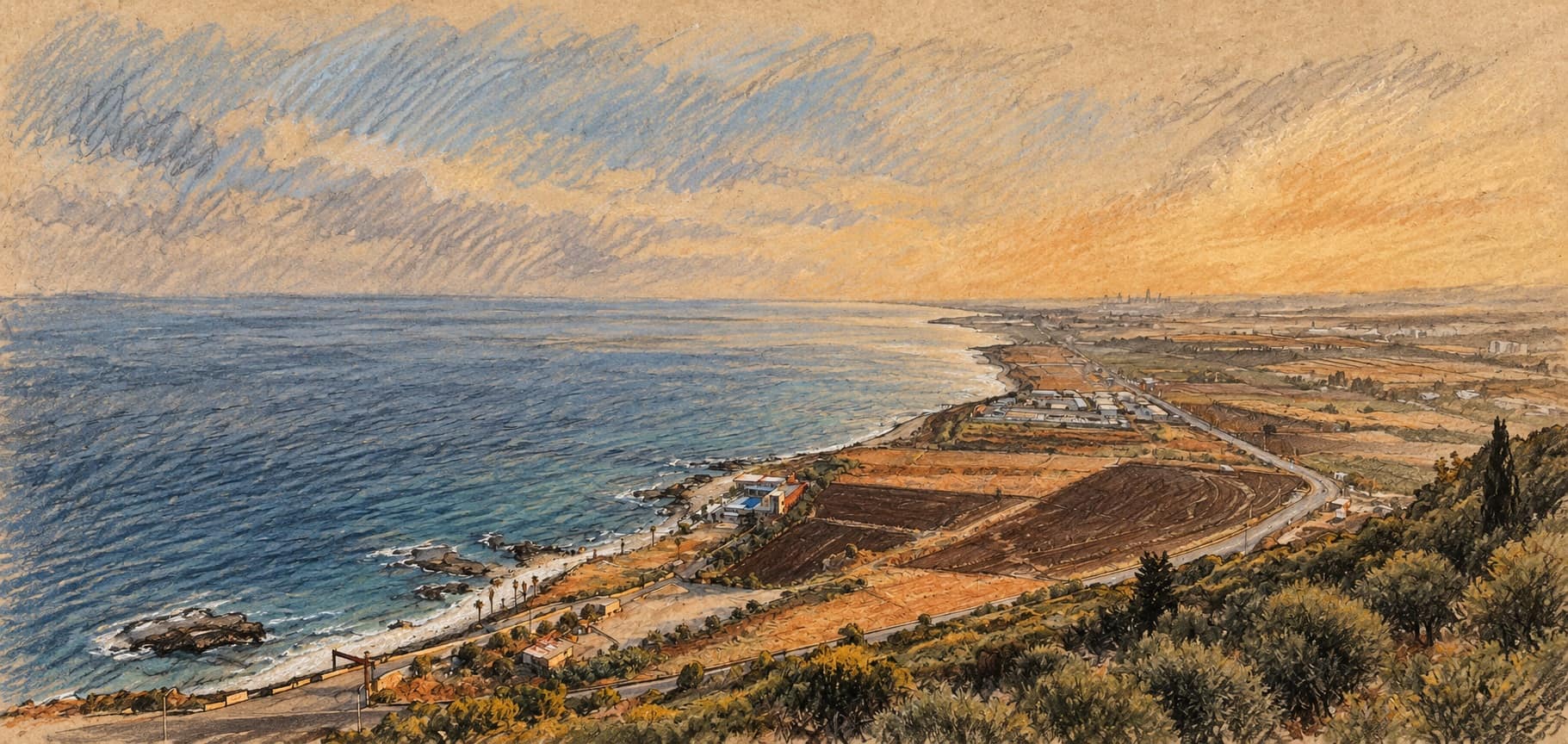 Courtroom-sketch editorial illustration of the southern Lebanese coastal plain and Mediterranean shoreline seen from Ras el-Bayyada toward Tyre; archival geographic context rather than a depiction of the reported operations.