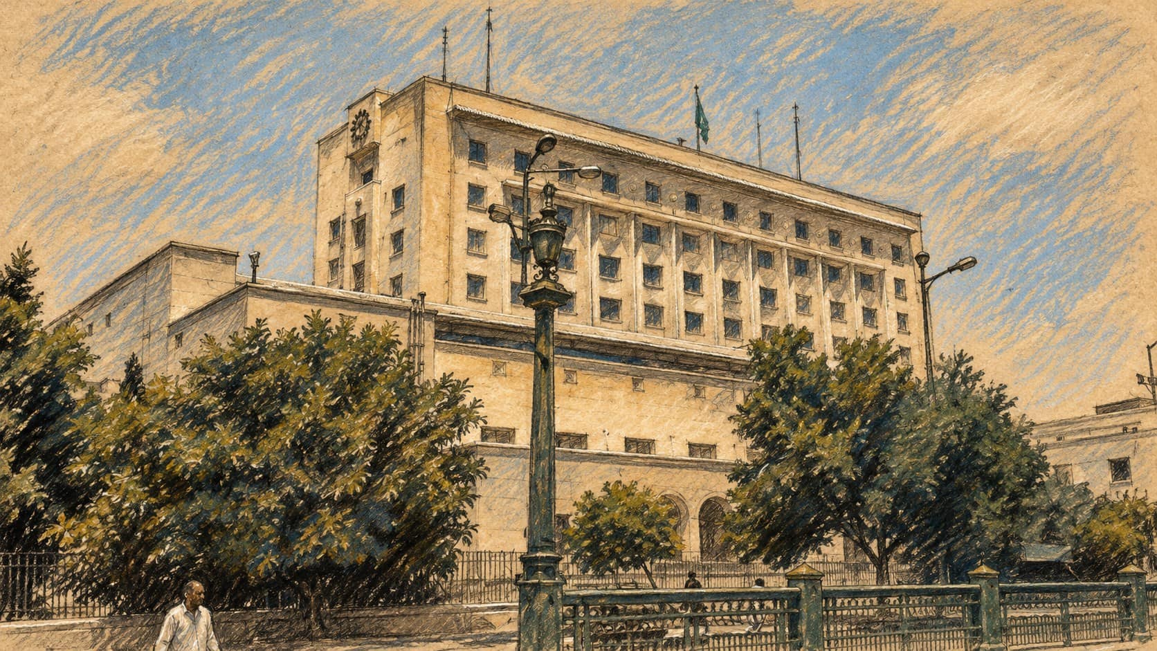 Courtroom-sketch editorial illustration of the Arab League headquarters in Cairo, based on an archival July 2008 exterior photograph.