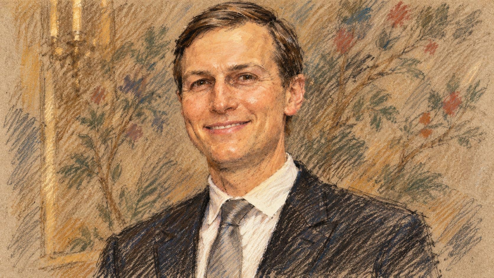 Courtroom-sketch editorial illustration of an archival June 2019 portrait of Jared Kushner smiling in a dark suit and gray tie against a patterned indoor wall; contextual portrait, not his October 2026 Gaza peace statement