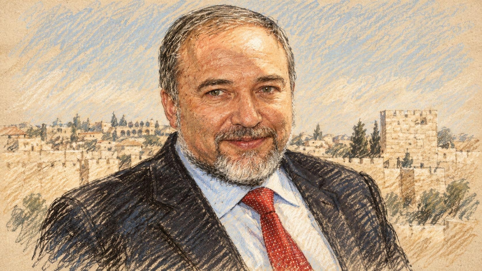Courtroom-sketch editorial illustration of an archival 2010 portrait of Avigdor Liberman in a dark suit and red tie, with Jerusalem stone buildings behind him.