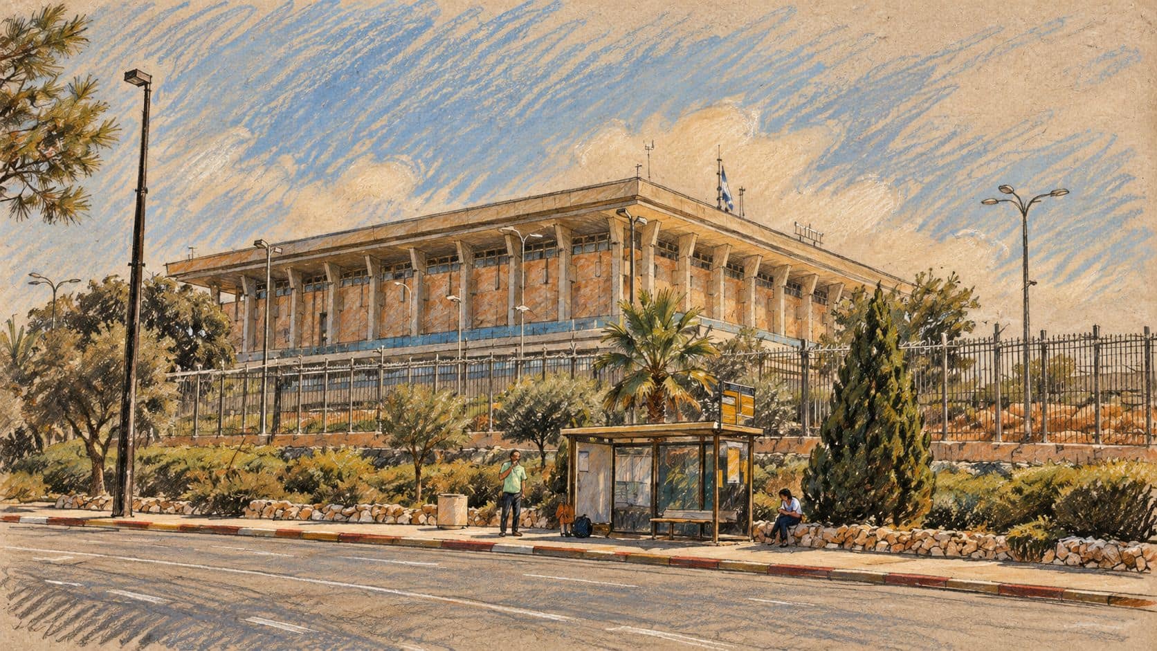 Courtroom-sketch editorial illustration of an archival Knesset exterior in Jerusalem, with a road and bus shelter in the foreground; institutional context for the election campaign.