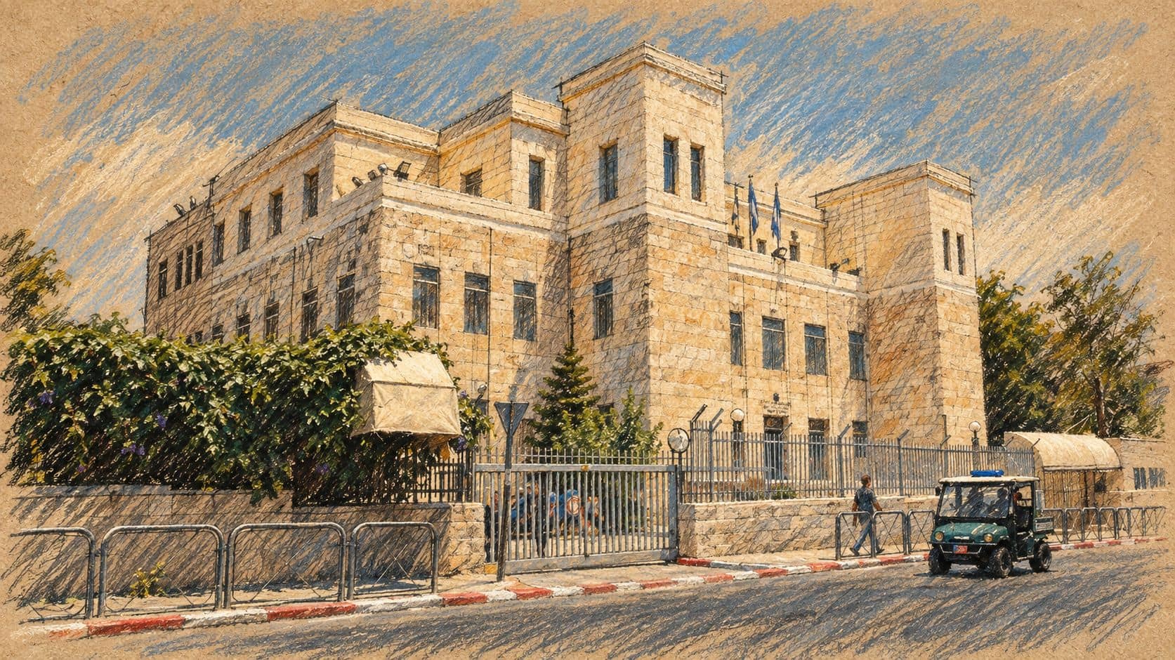 Courtroom-sketch editorial illustration of an archival exterior view of Jerusalem District Court, with its limestone towers, fence and street; contextual artwork rather than a depiction of the testimony.