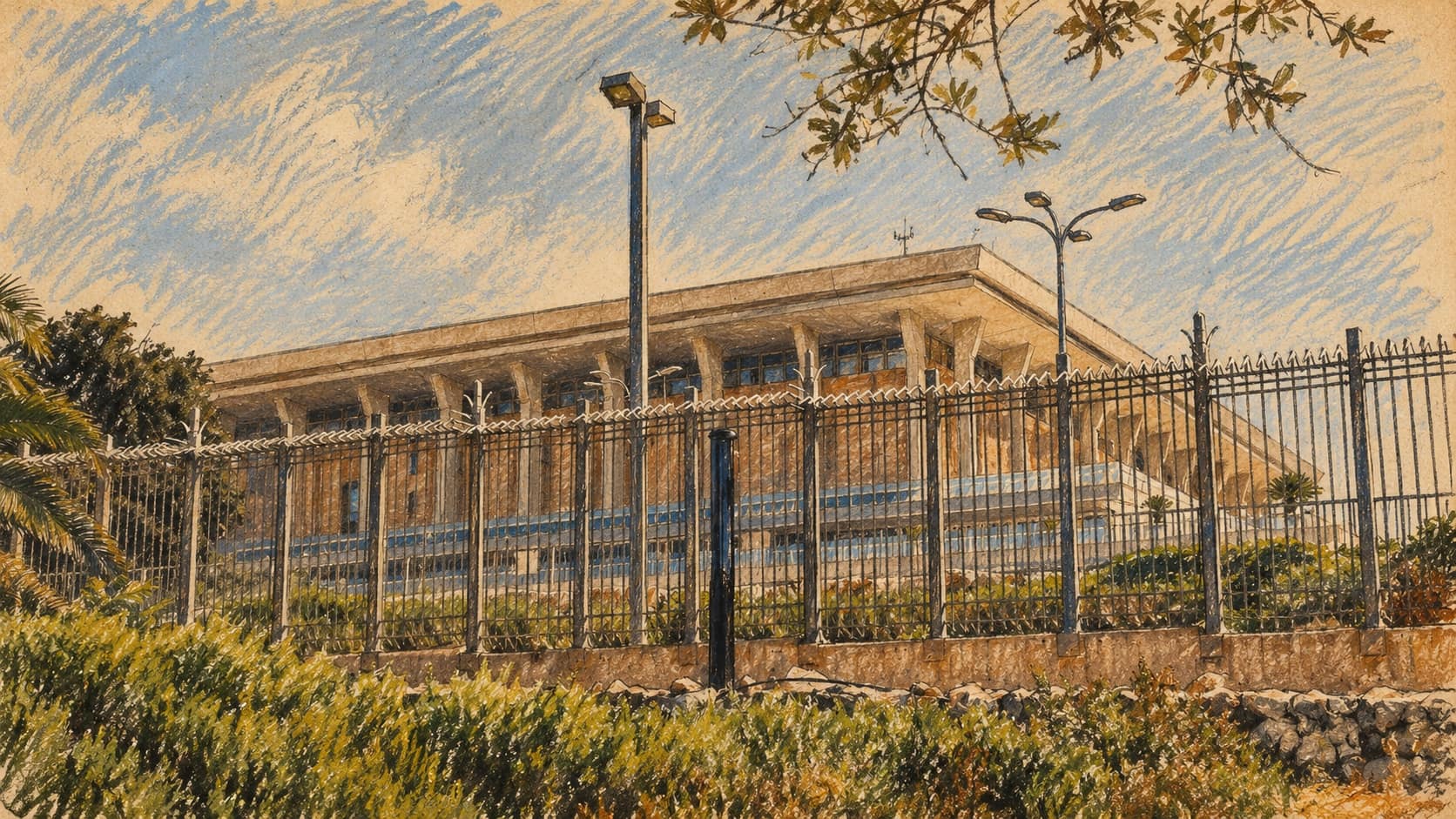 Courtroom-sketch editorial illustration of an archival Knesset exterior behind a fence and greenery, providing parliamentary context for Cohen's funding proposal
