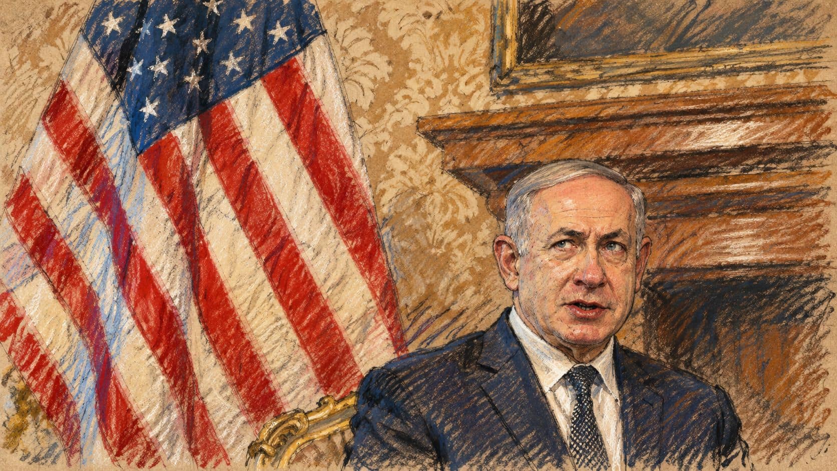 Courtroom-sketch editorial illustration of Benjamin Netanyahu seated beside a United States flag, based on an archival June 2016 photograph in Rome