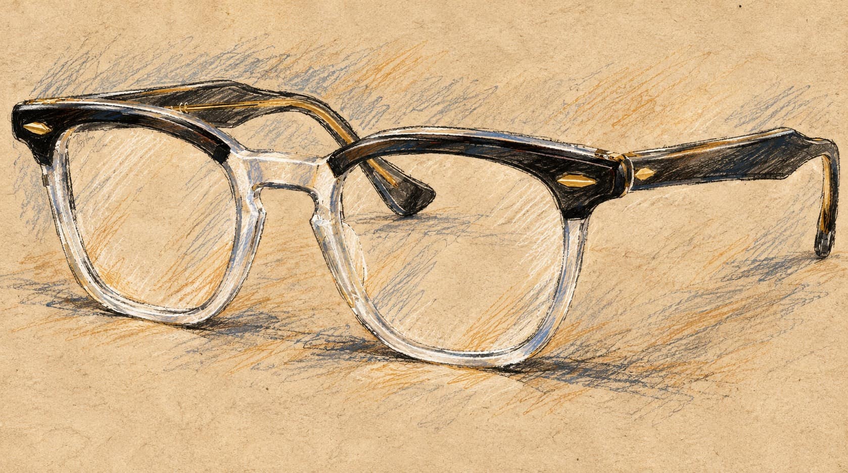 Courtroom-sketch editorial illustration of a pair of conventional eyeglasses with black upper rims, transparent lower rims and extended temples, based on an archival 2021 photograph; contextual eyewear, not the Meta smart-glasses models or Israeli launch.