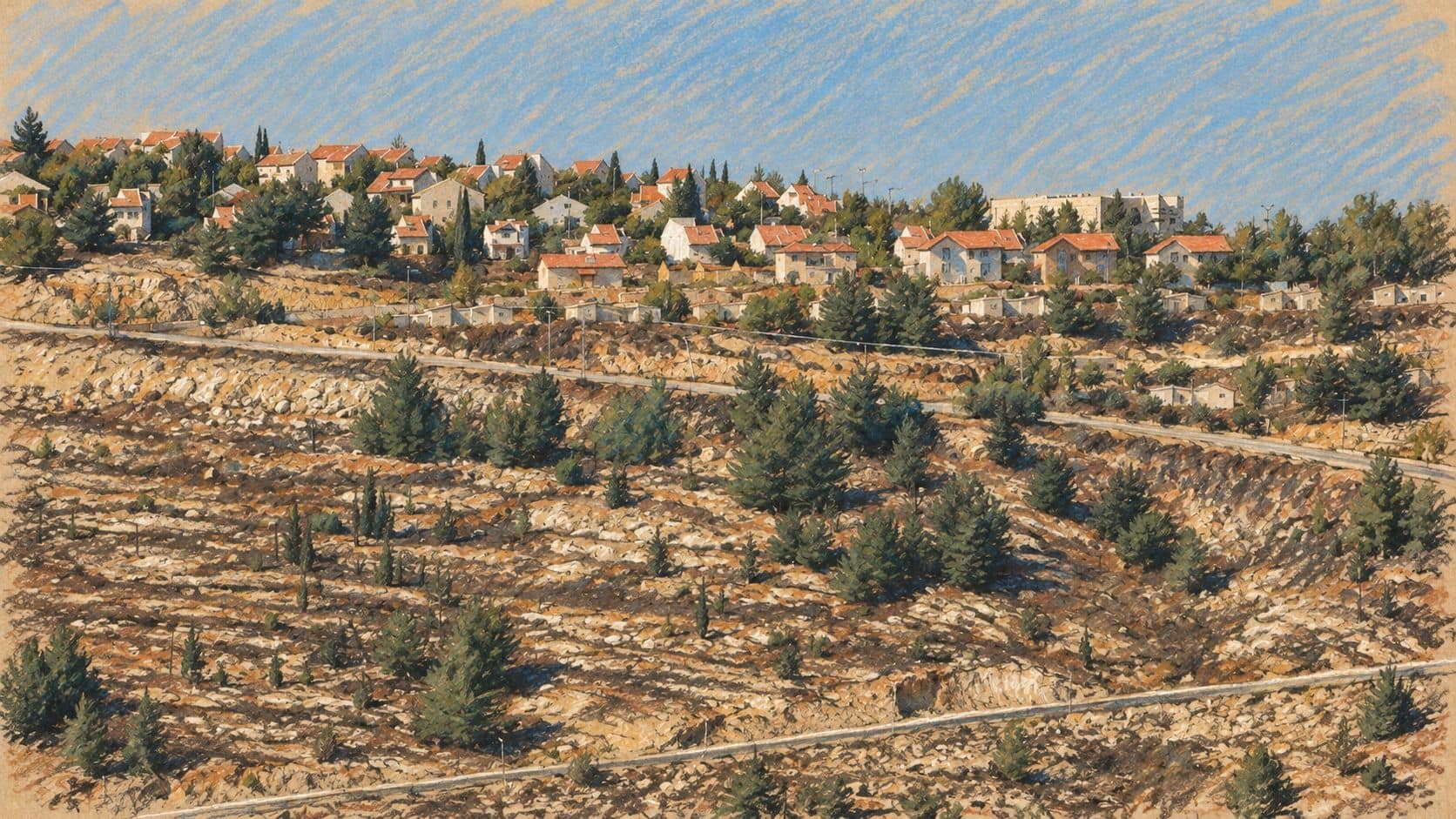 Courtroom-sketch editorial illustration of an archival 2007 view of Eli from Givat Harel, with hilltop houses above rocky terraces; contextual landscape rather than the reported meeting