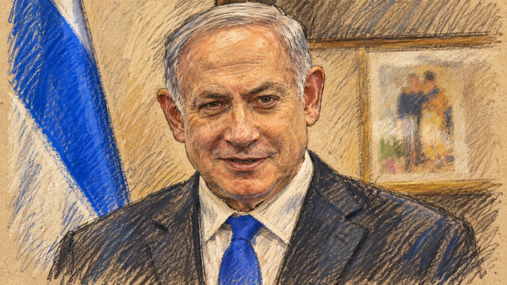 Courtroom-sketch editorial illustration of an archival 2018 portrait of Benjamin Netanyahu in a dark suit and blue tie with part of an Israeli flag behind him; contextual actor portrait, not the October 20, 2026 northern border visit.