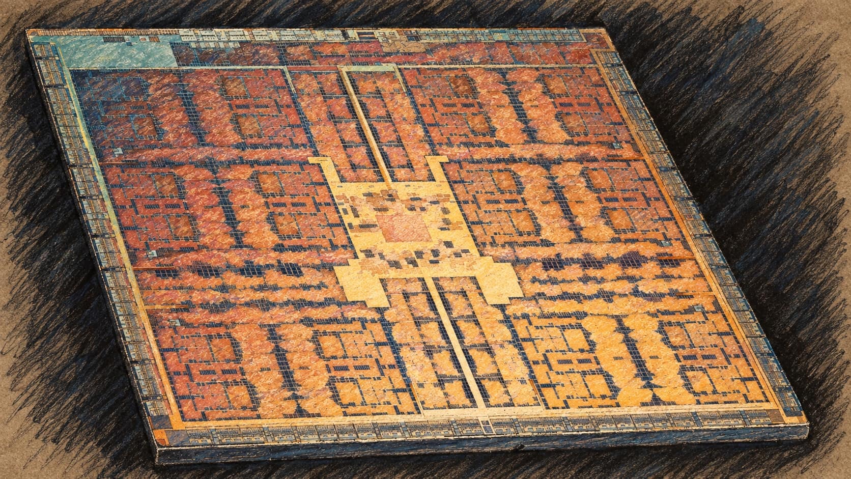 Courtroom-sketch editorial illustration of an archival Nvidia GM200 graphics processor die; contextual technology object, not the planned Kiryat Tivon campus or its construction.